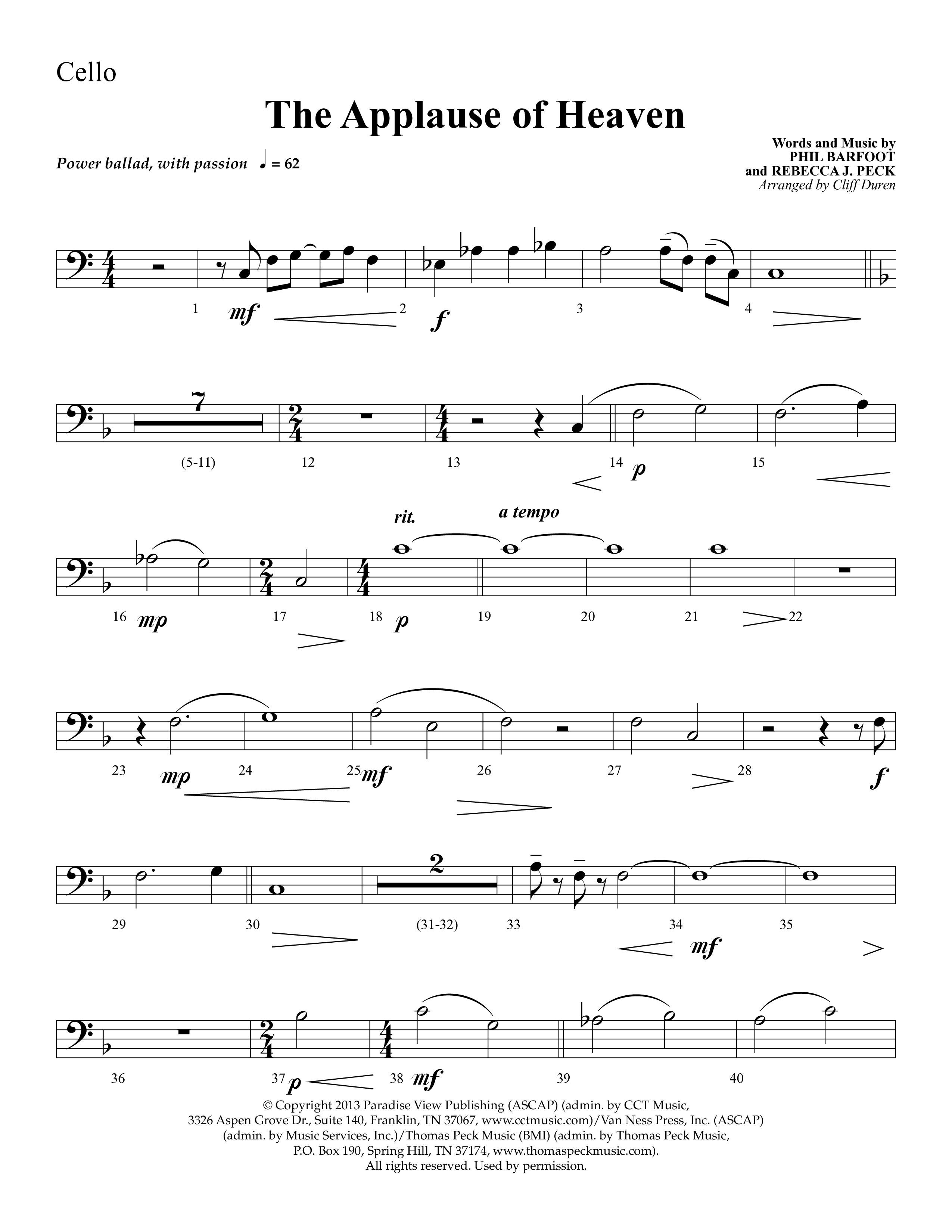 The Applause Of Heaven (Choral Anthem SATB) Cello (Lifeway Choral / Arr. Cliff Duren)