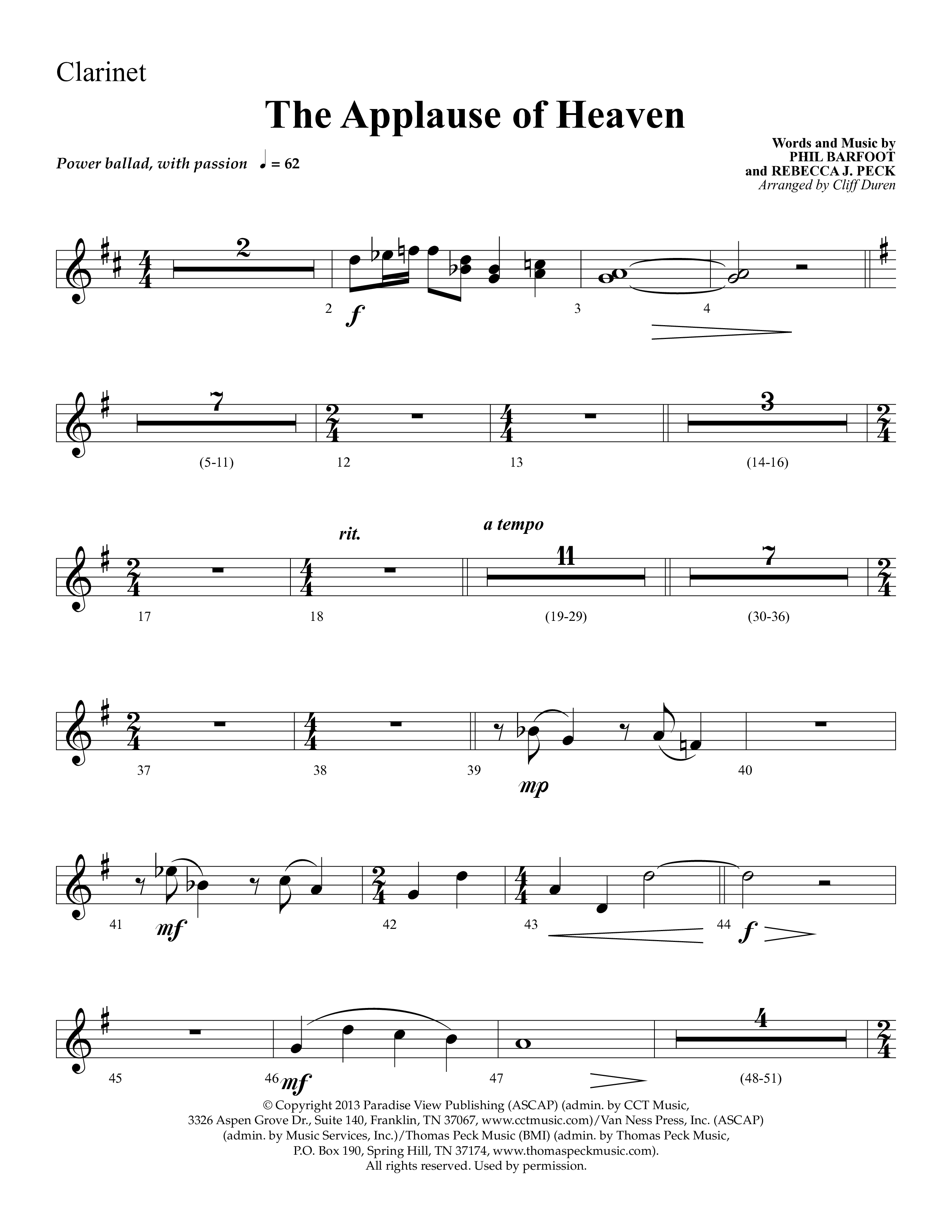 The Applause Of Heaven (Choral Anthem SATB) Clarinet 1/2 (Lifeway Choral / Arr. Cliff Duren)
