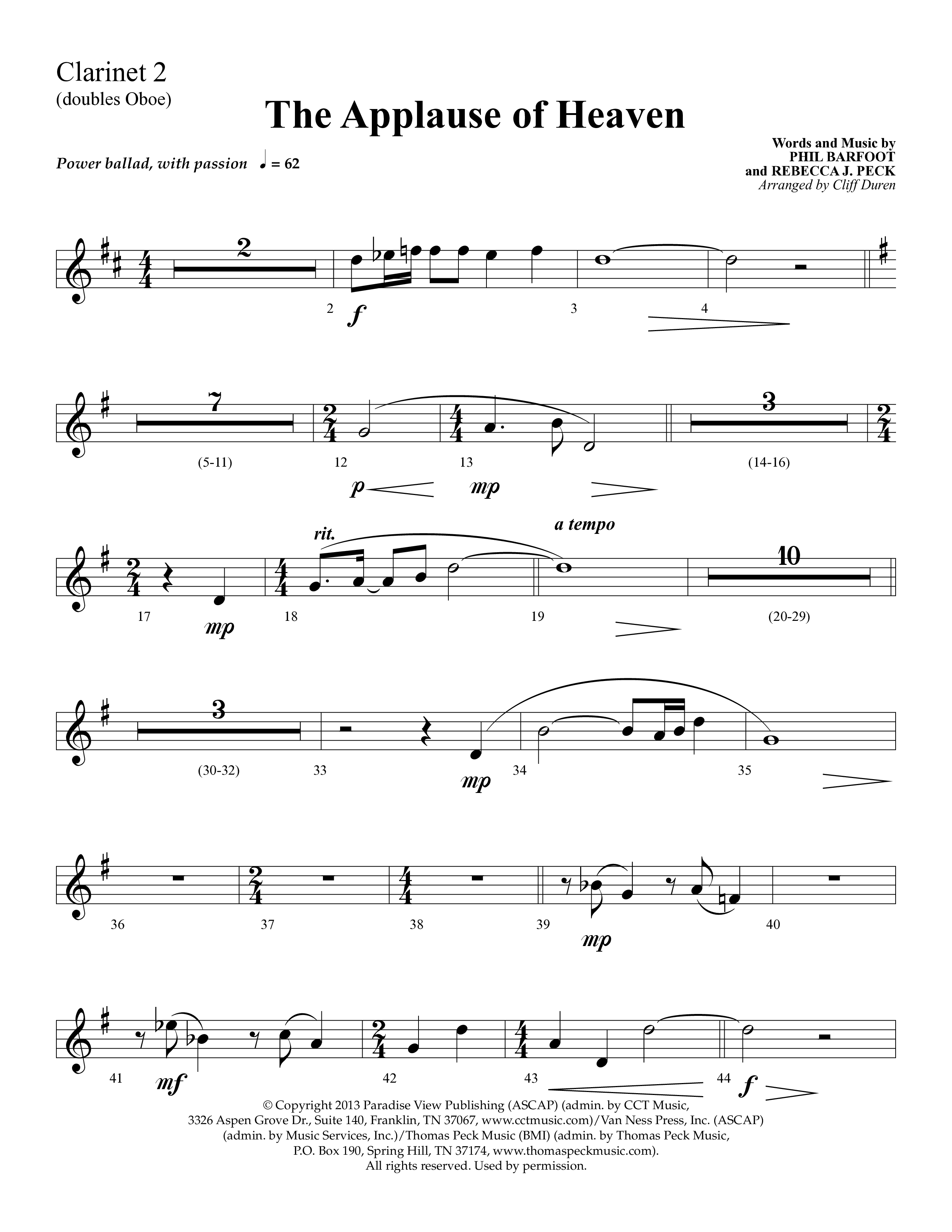 The Applause Of Heaven (Choral Anthem SATB) Clarinet 1/2 (Lifeway Choral / Arr. Cliff Duren)