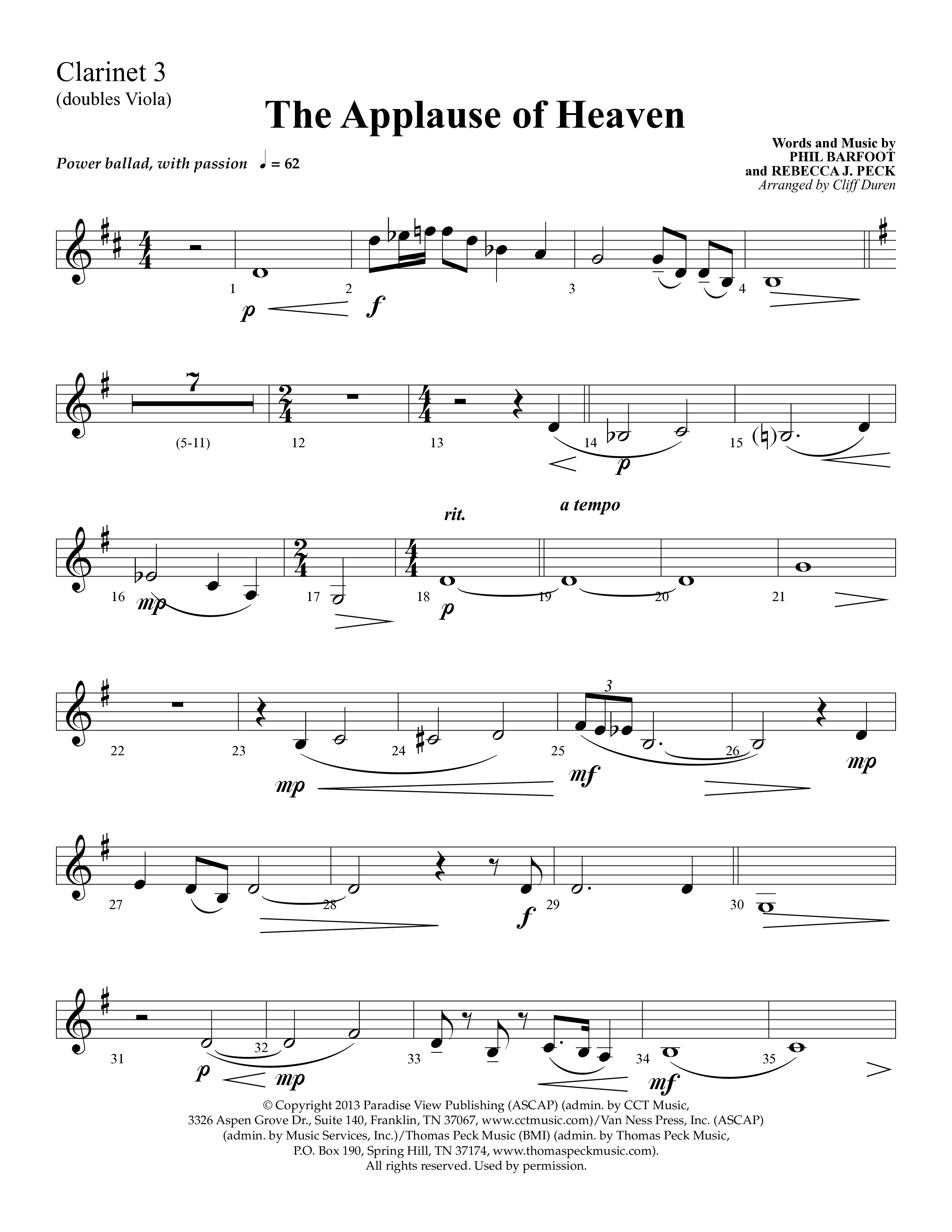The Applause Of Heaven (Choral Anthem SATB) Clarinet 3 (Lifeway Choral / Arr. Cliff Duren)