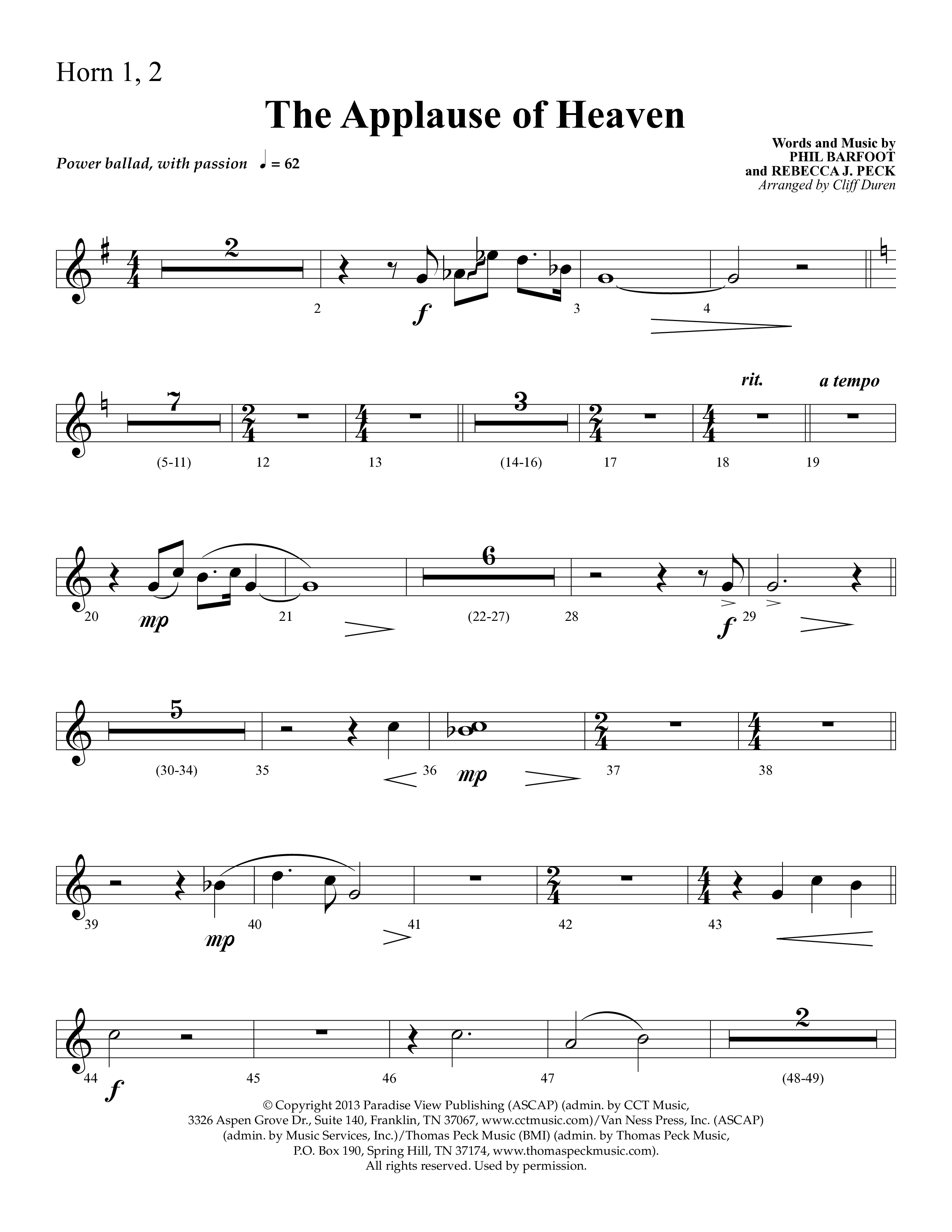 The Applause Of Heaven (Choral Anthem SATB) French Horn 1 (Lifeway Choral / Arr. Cliff Duren)