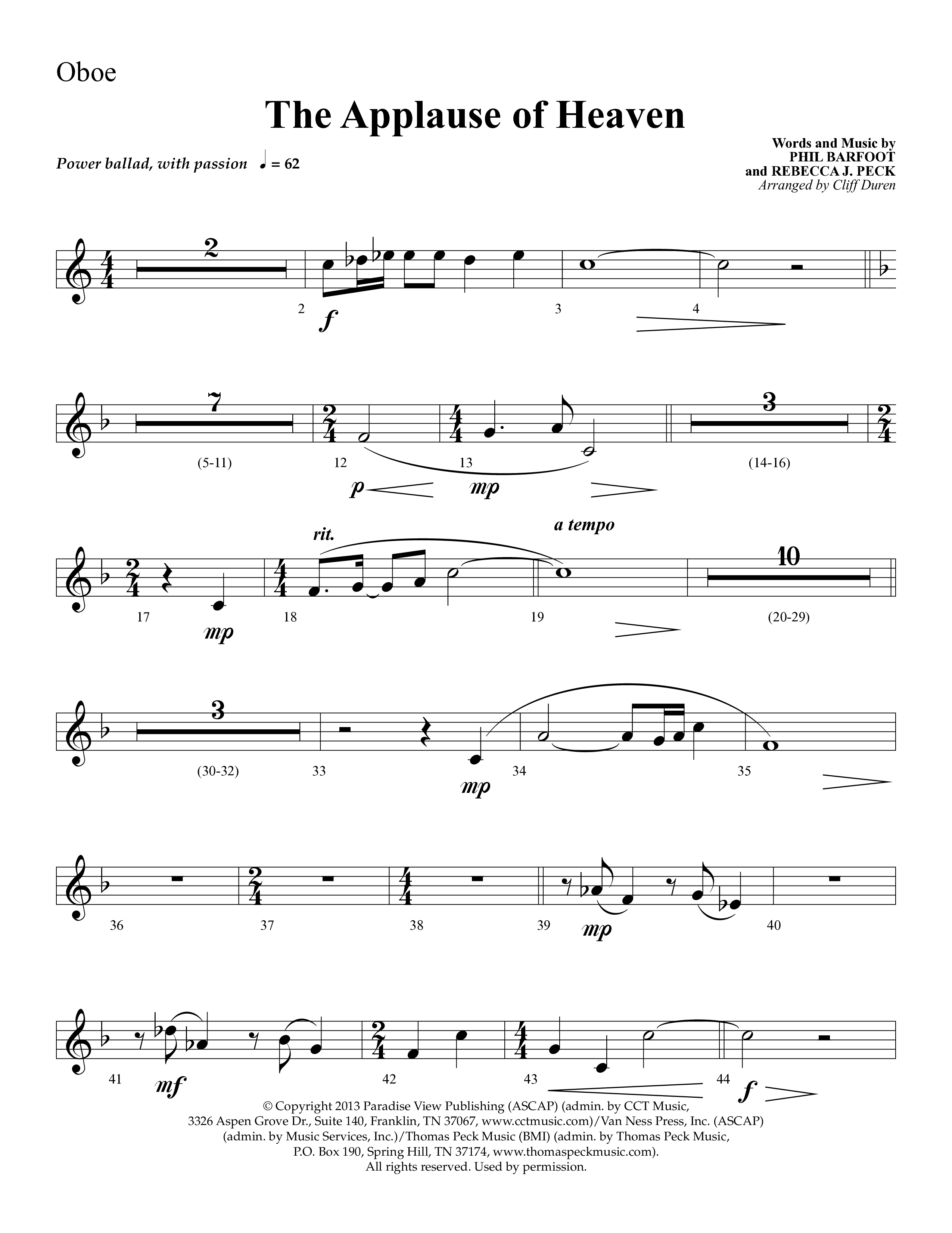 The Applause Of Heaven (Choral Anthem SATB) Oboe (Lifeway Choral / Arr. Cliff Duren)
