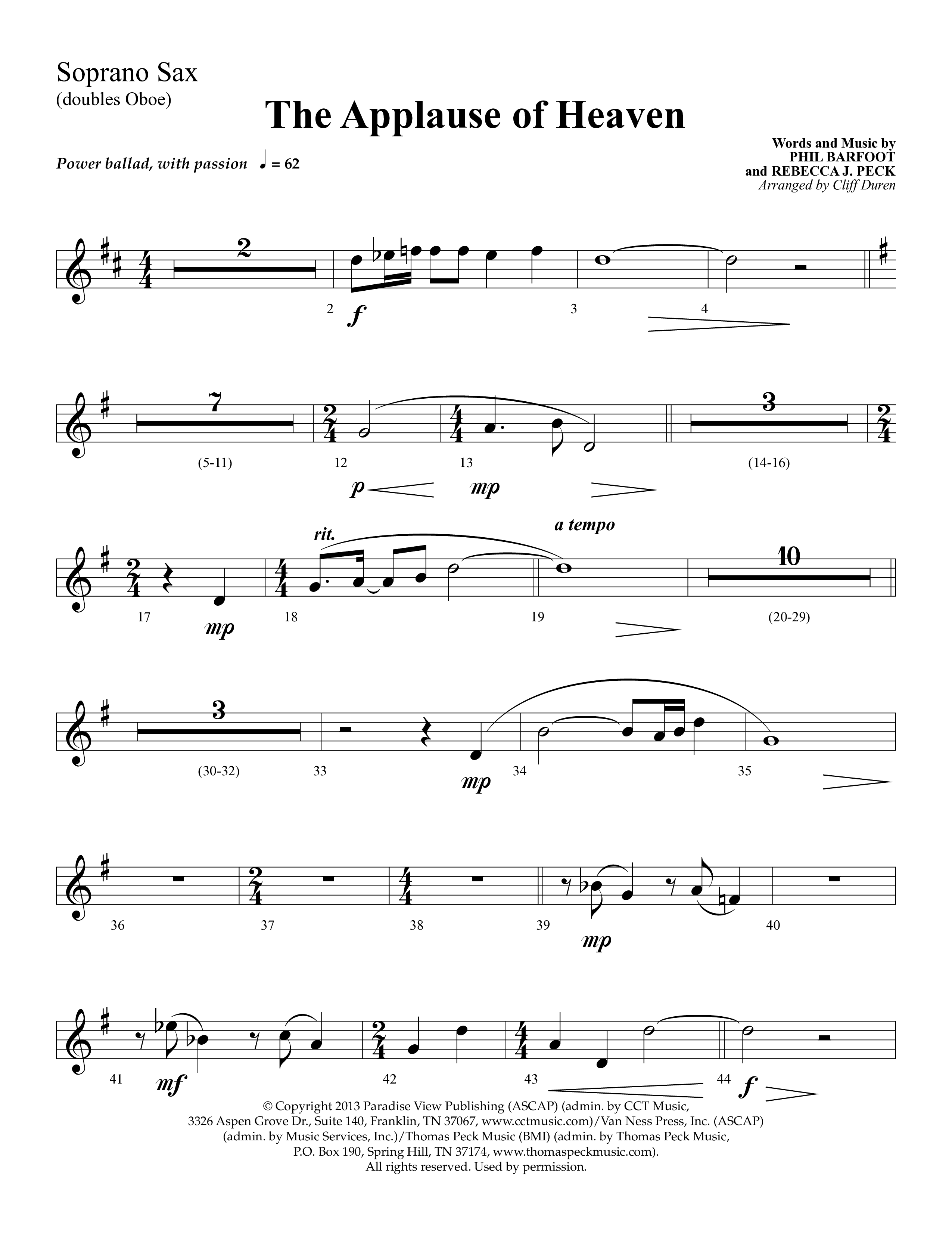 The Applause Of Heaven (Choral Anthem SATB) Soprano Sax (Lifeway Choral / Arr. Cliff Duren)