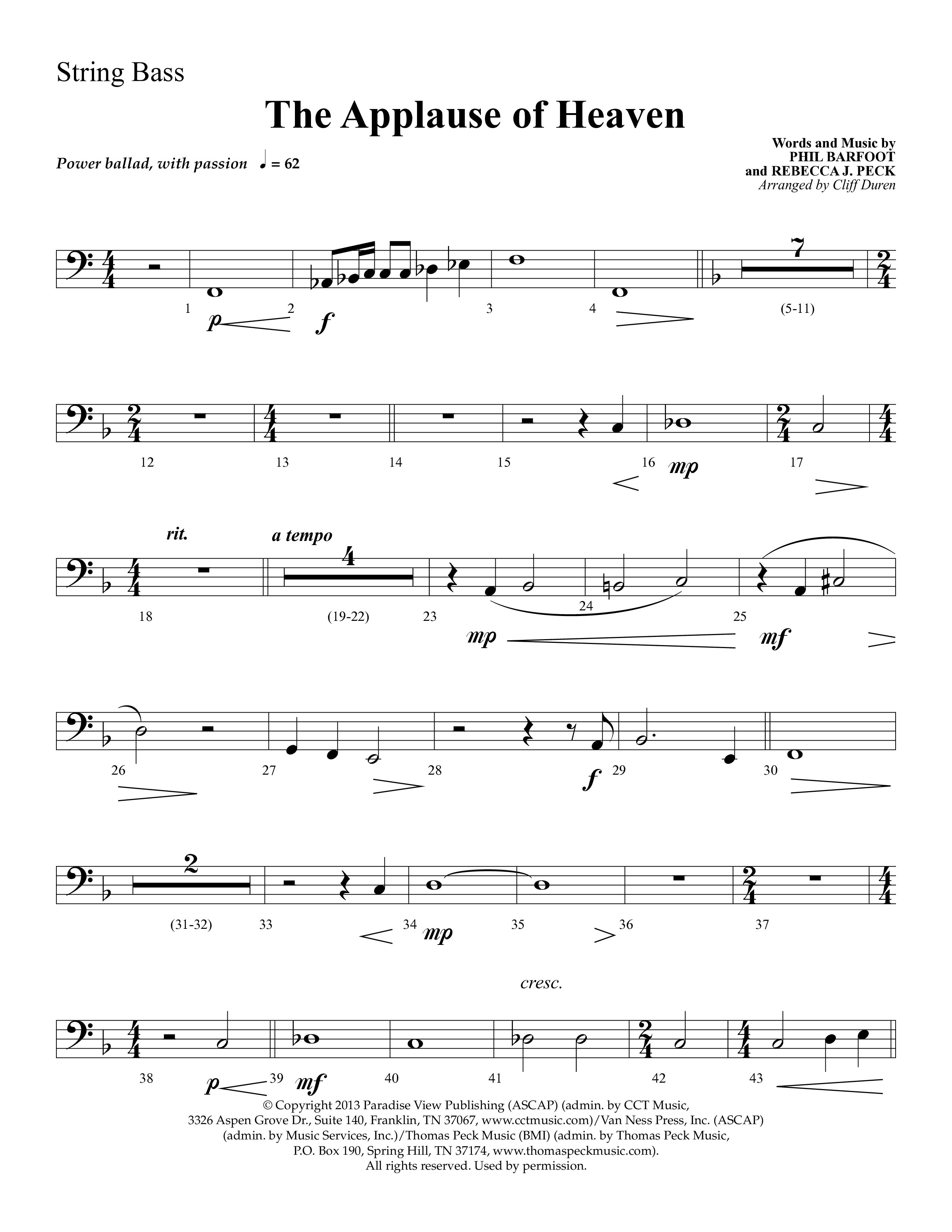 The Applause Of Heaven (Choral Anthem SATB) String Bass (Lifeway Choral / Arr. Cliff Duren)