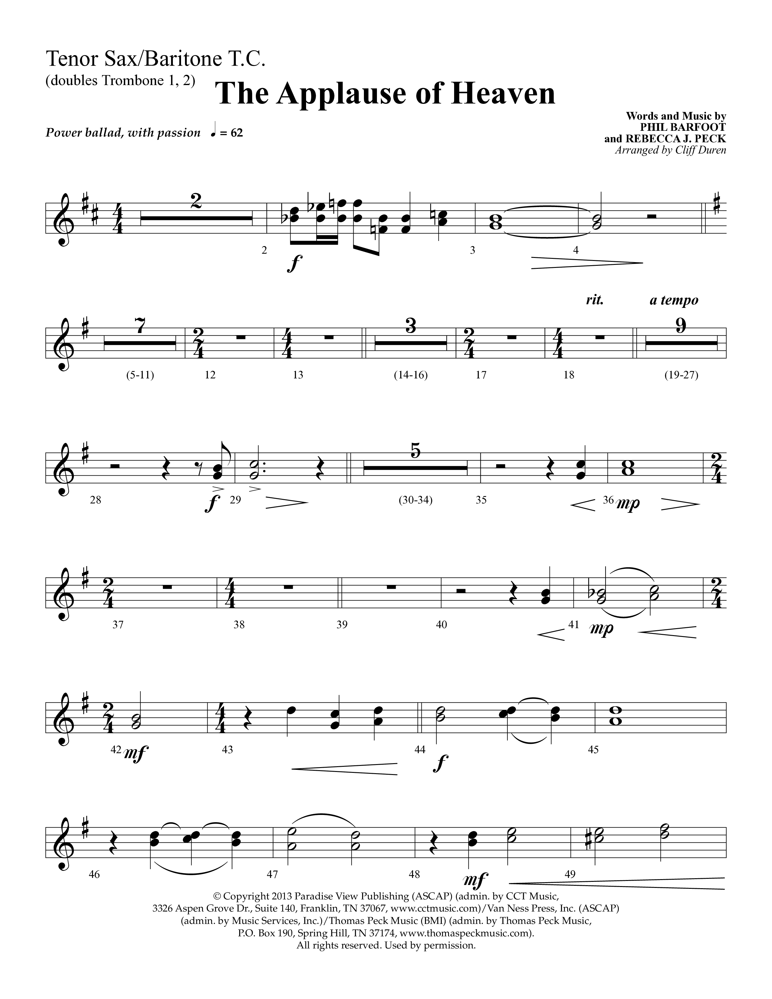 The Applause Of Heaven (Choral Anthem SATB) Tenor Sax/Baritone T.C. (Lifeway Choral / Arr. Cliff Duren)