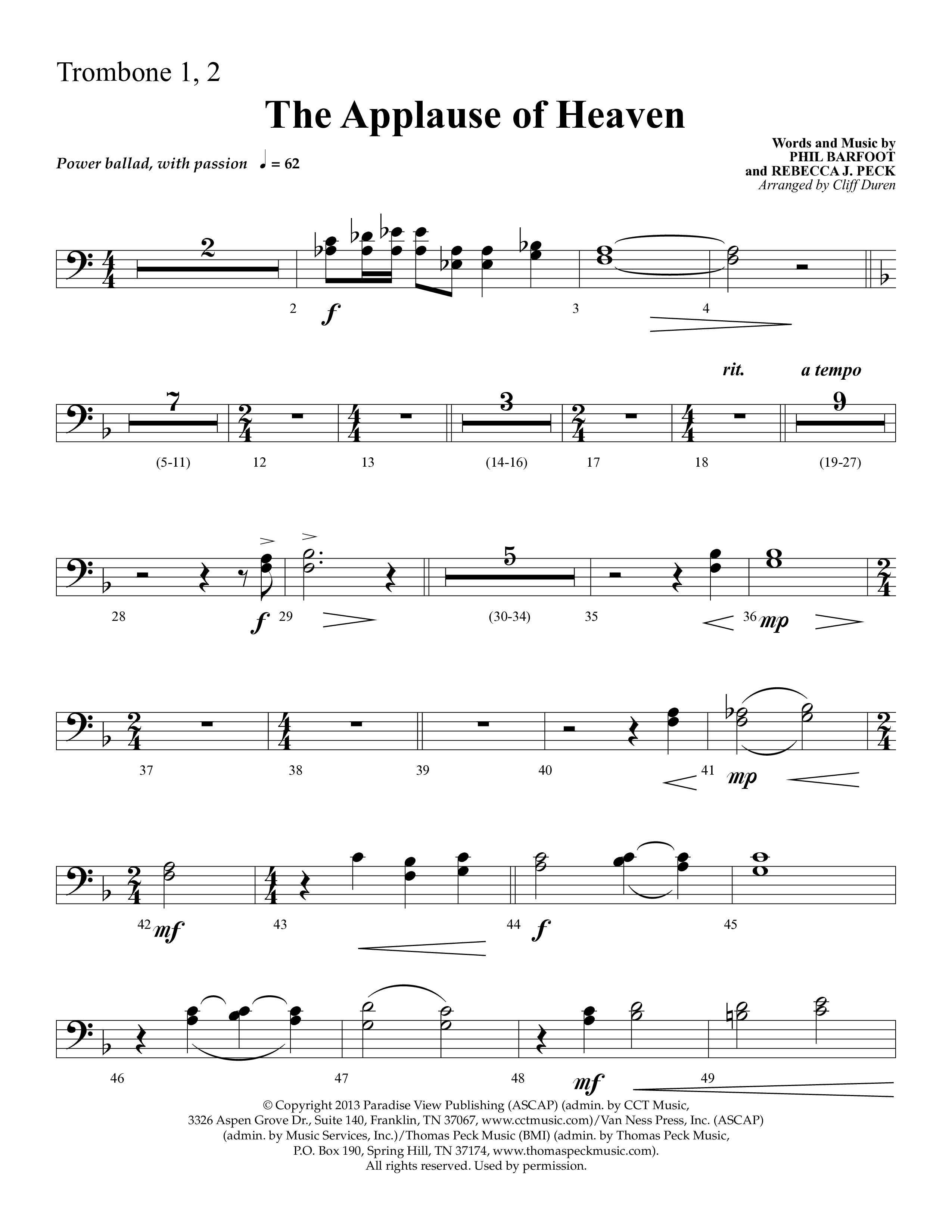 The Applause Of Heaven (Choral Anthem SATB) Trombone 1/2 (Lifeway Choral / Arr. Cliff Duren)