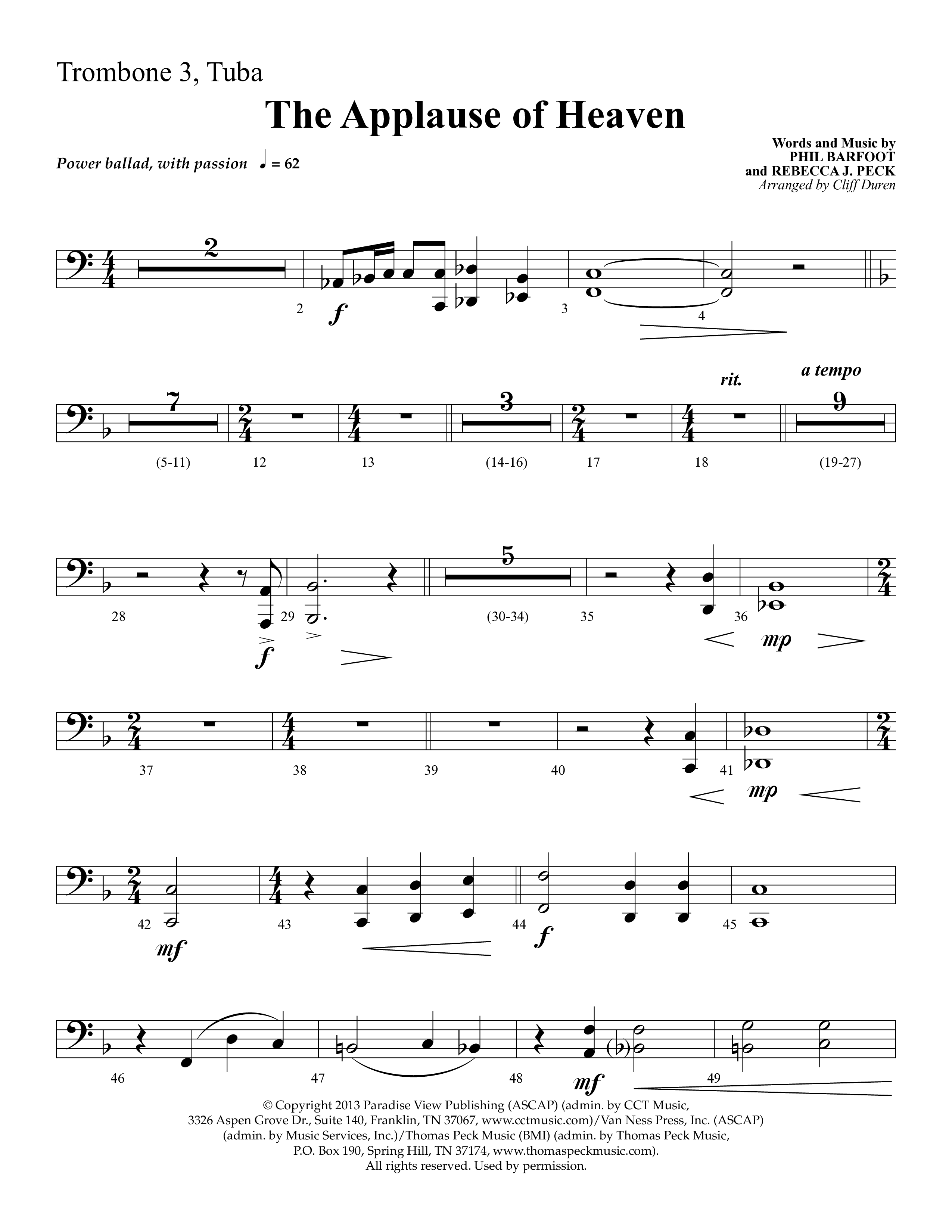 The Applause Of Heaven (Choral Anthem SATB) Trombone 3/Tuba (Lifeway Choral / Arr. Cliff Duren)