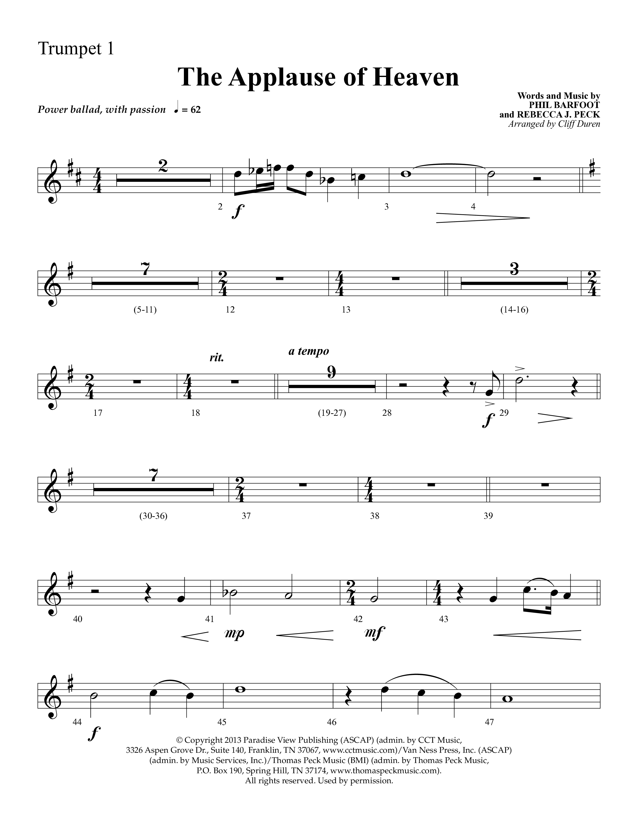 The Applause Of Heaven (Choral Anthem SATB) Trumpet 1 (Lifeway Choral / Arr. Cliff Duren)
