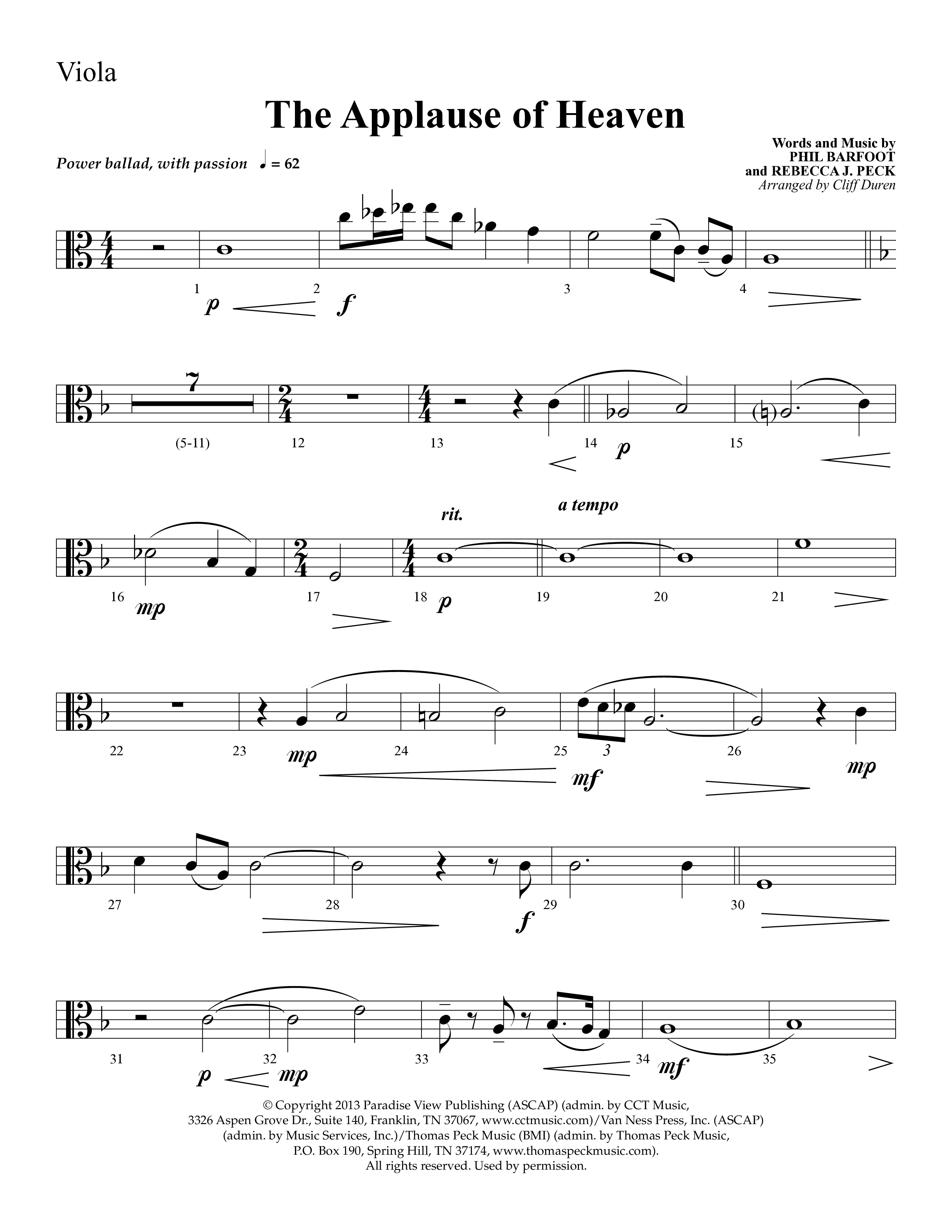 The Applause Of Heaven (Choral Anthem SATB) Viola (Lifeway Choral / Arr. Cliff Duren)