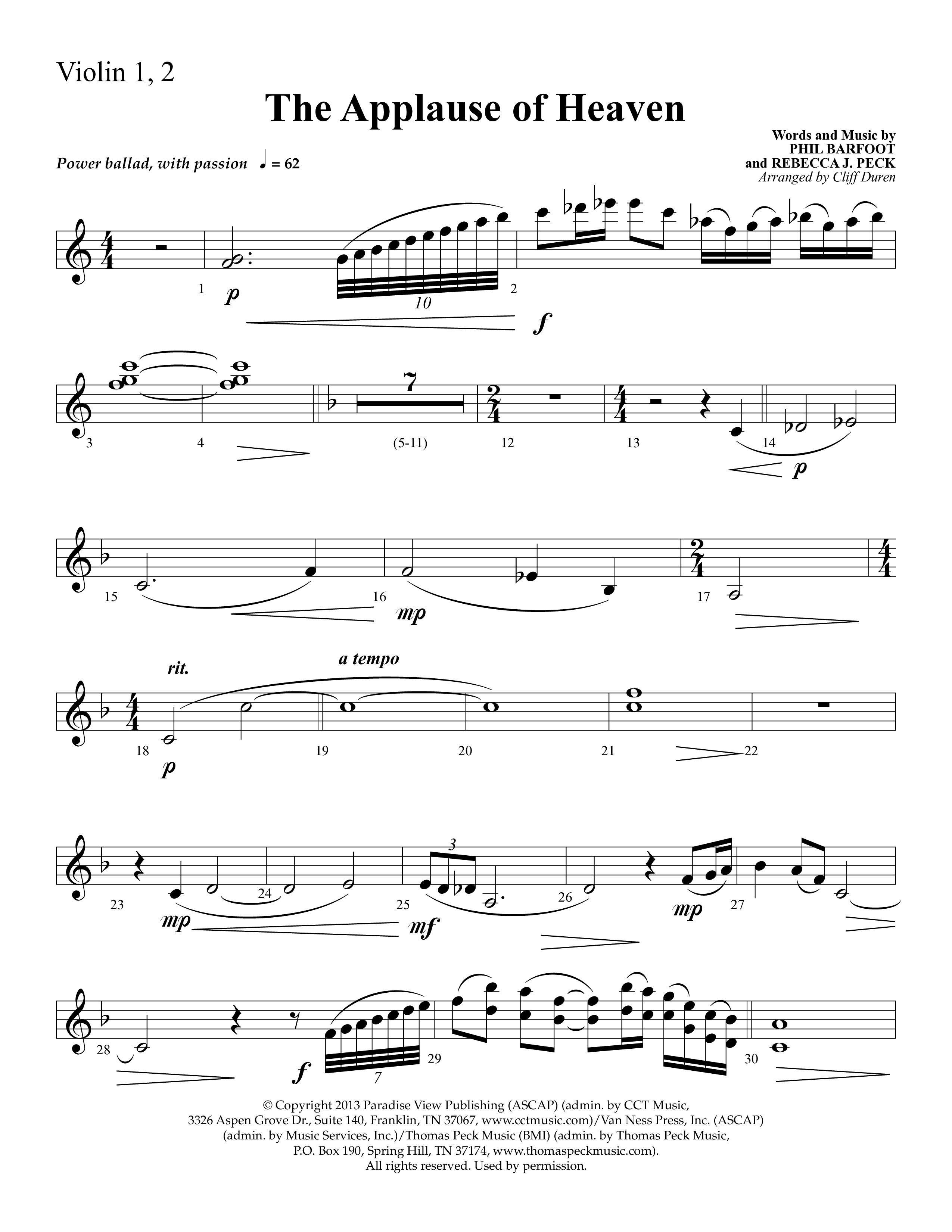 The Applause Of Heaven (Choral Anthem SATB) Violin 1/2 (Lifeway Choral / Arr. Cliff Duren)