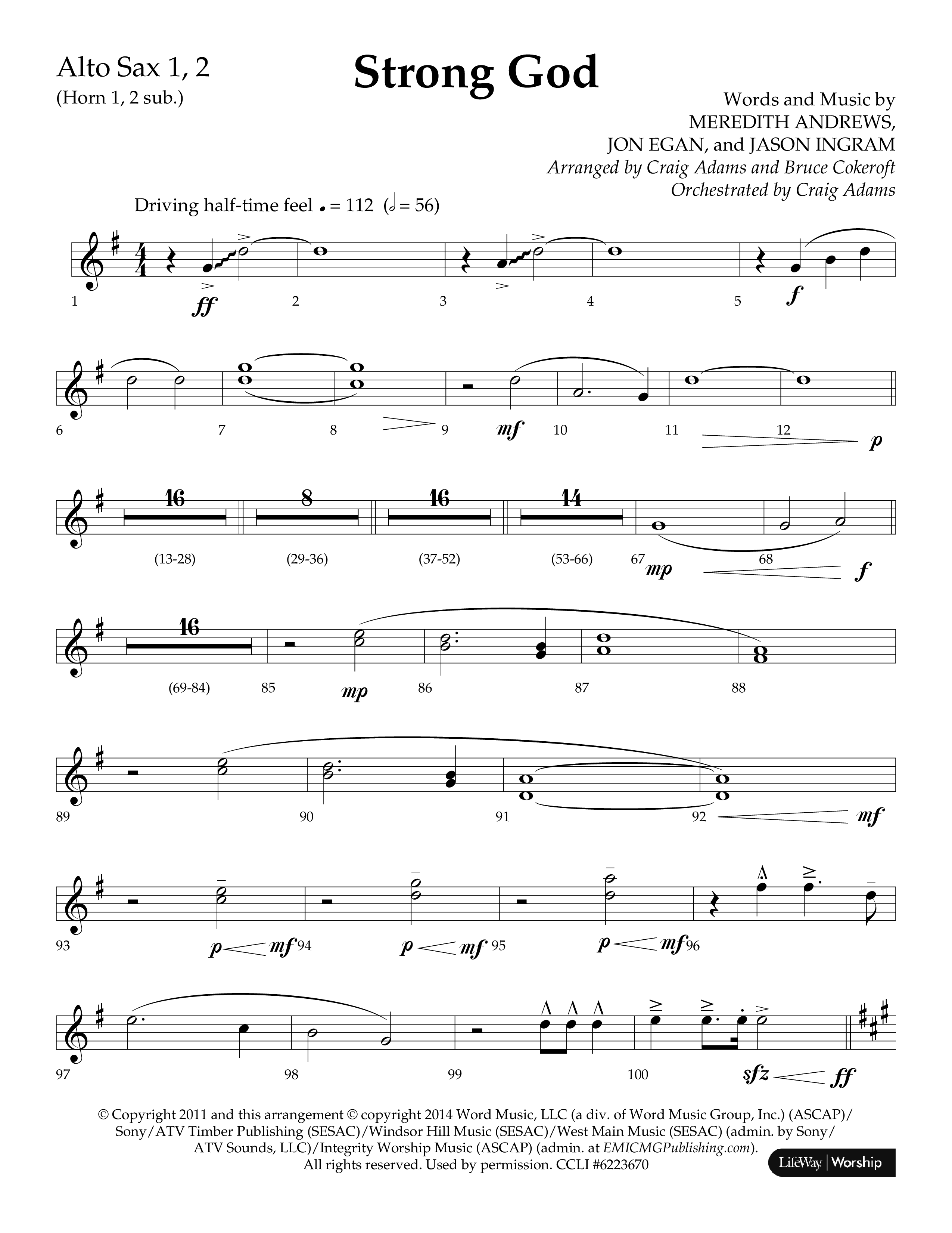 Strong God (Choral Anthem SATB) Alto Sax 1/2 (Lifeway Choral / Arr. Craig Adams / Arr. Bruce Cokeroft / Orch. Craig Adams)
