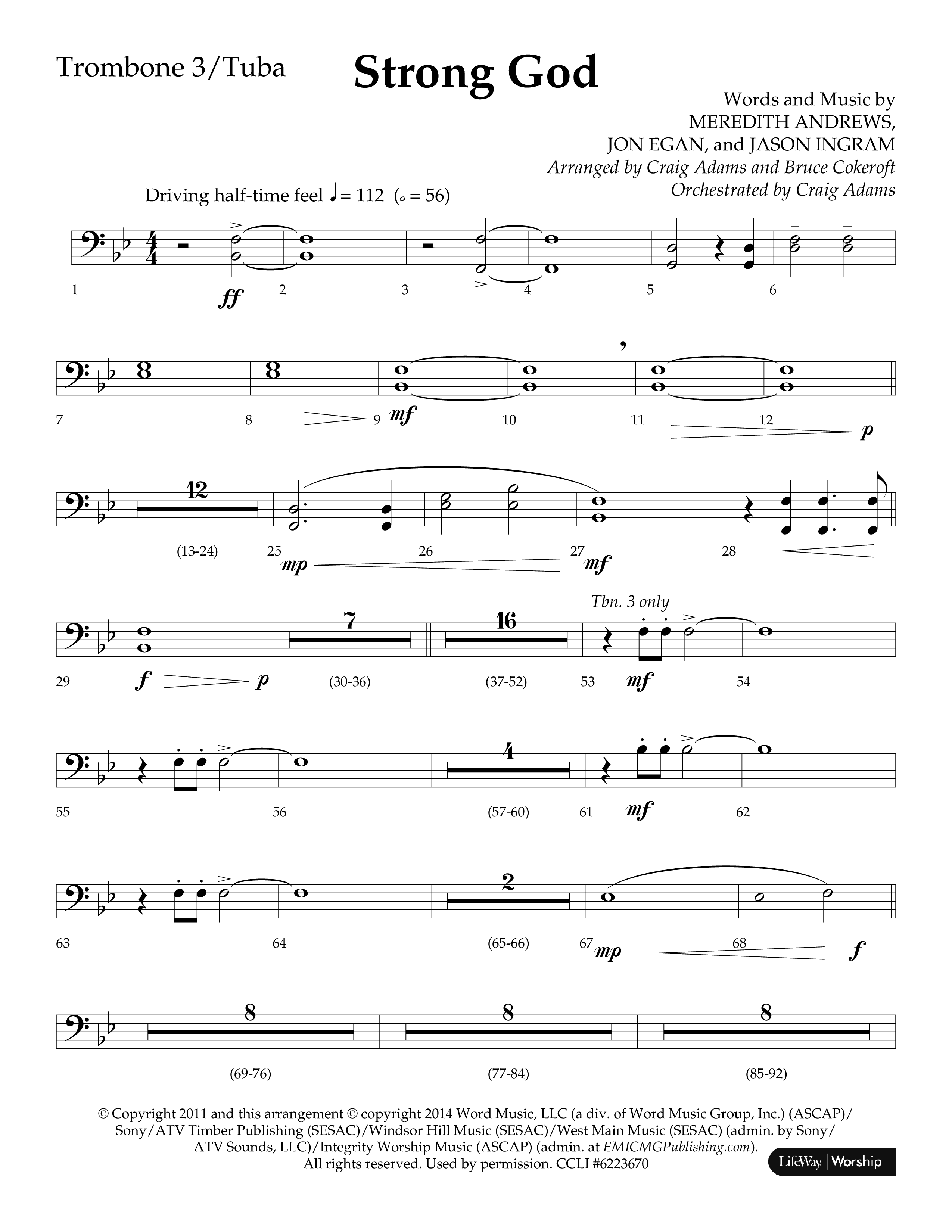 Strong God (Choral Anthem SATB) Trombone 3/Tuba (Lifeway Choral / Arr. Craig Adams / Arr. Bruce Cokeroft / Orch. Craig Adams)