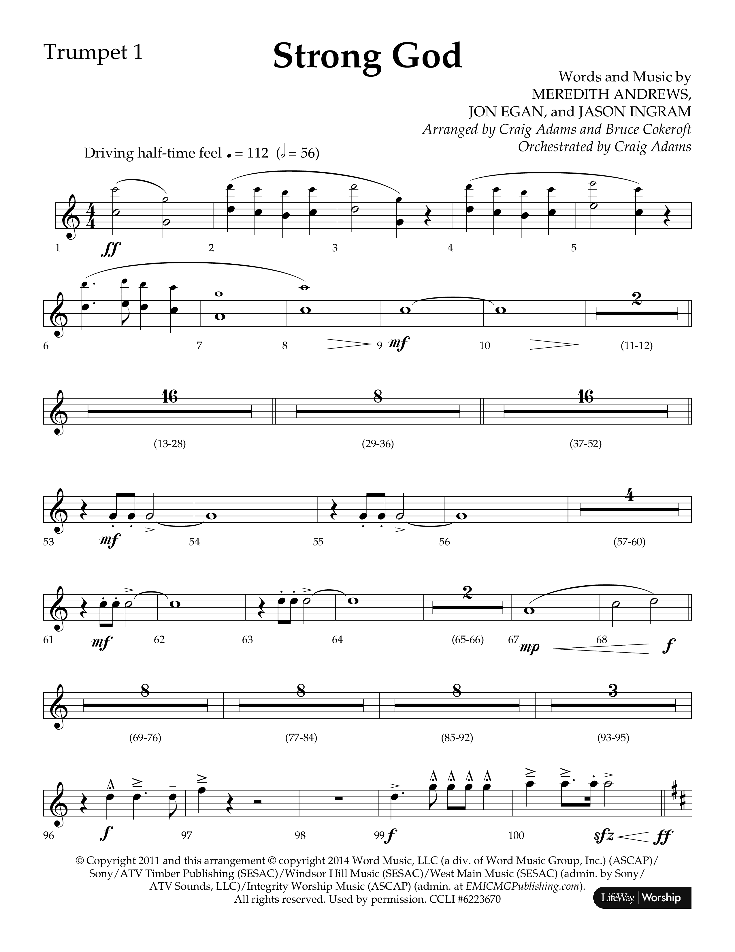 Strong God (Choral Anthem SATB) Trumpet 1 (Lifeway Choral / Arr. Craig Adams / Arr. Bruce Cokeroft / Orch. Craig Adams)