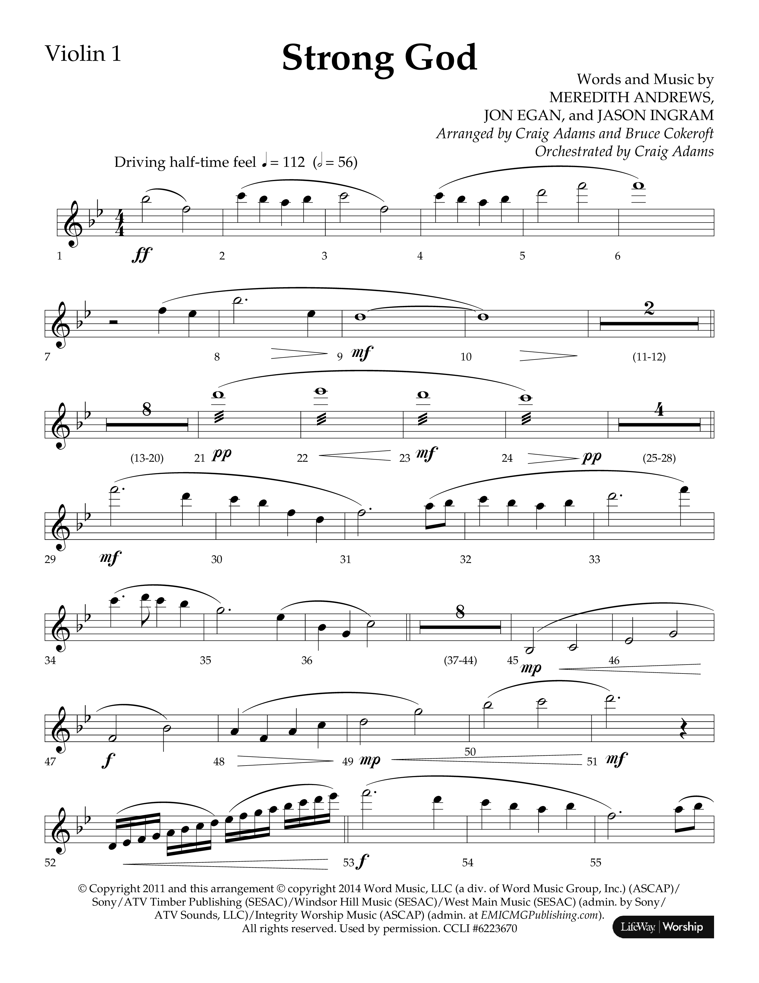 Strong God (Choral Anthem SATB) Violin 1 (Lifeway Choral / Arr. Craig Adams / Arr. Bruce Cokeroft / Orch. Craig Adams)