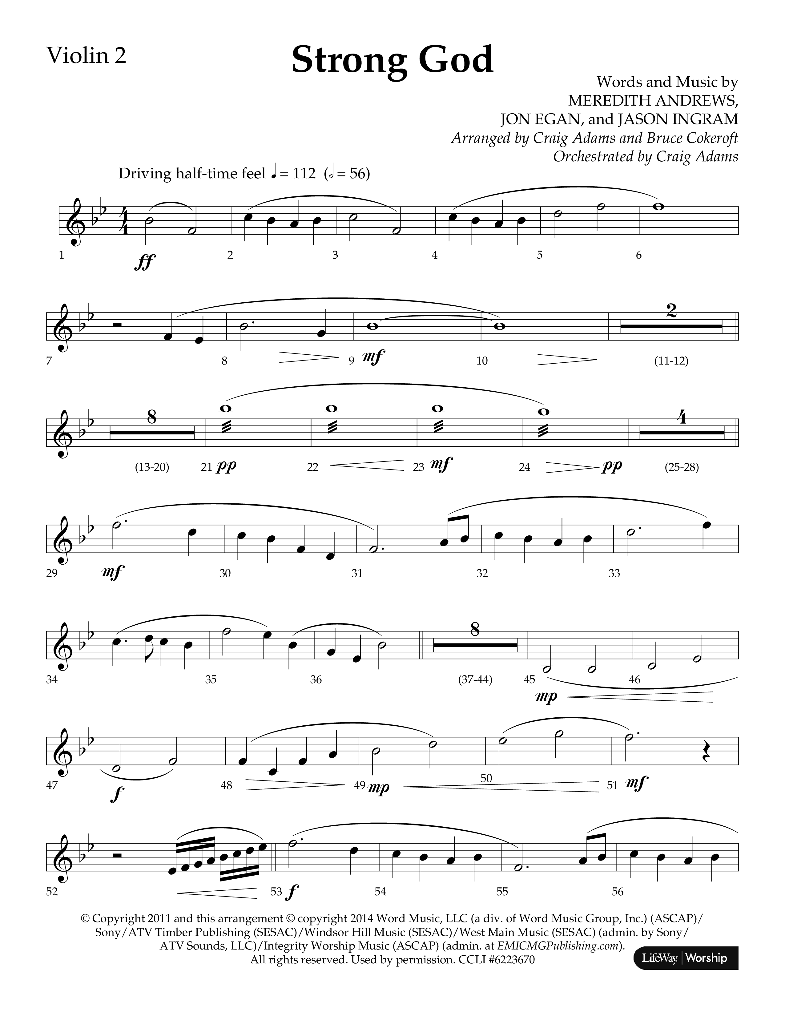 Strong God (Choral Anthem SATB) Violin 2 (Lifeway Choral / Arr. Craig Adams / Arr. Bruce Cokeroft / Orch. Craig Adams)