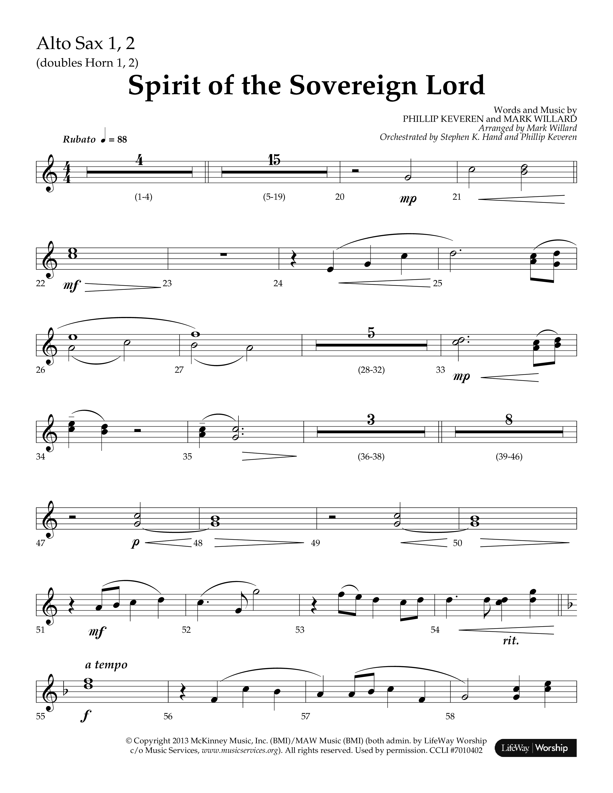Spirit Of The Sovereign Lord (Choral Anthem SATB) Alto Sax 1/2 (Lifeway Choral / Arr. Mark Willard / Orch. Stephen K. Hand / Orch. Phillip Keveren)