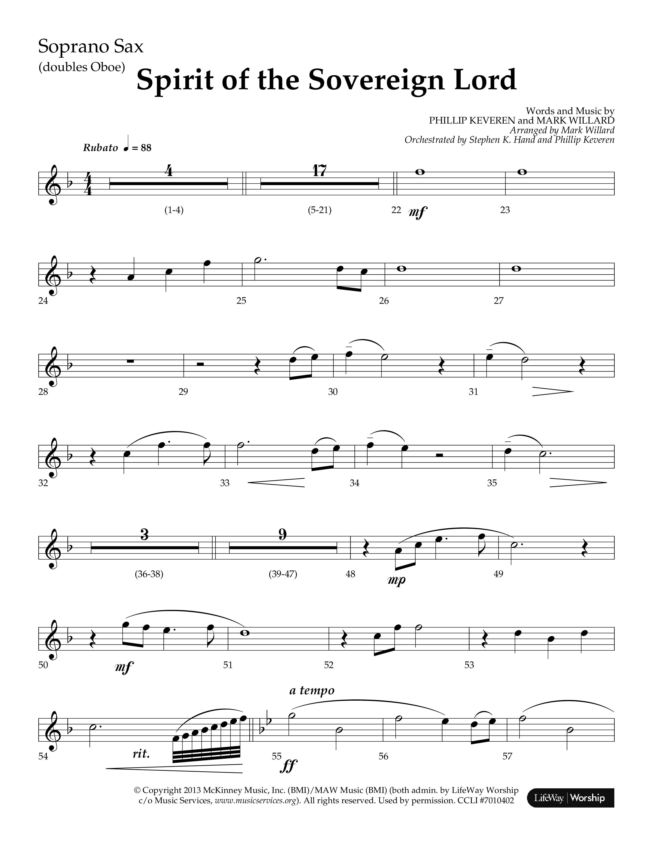 Spirit Of The Sovereign Lord (Choral Anthem SATB) Soprano Sax (Lifeway Choral / Arr. Mark Willard / Orch. Stephen K. Hand / Orch. Phillip Keveren)