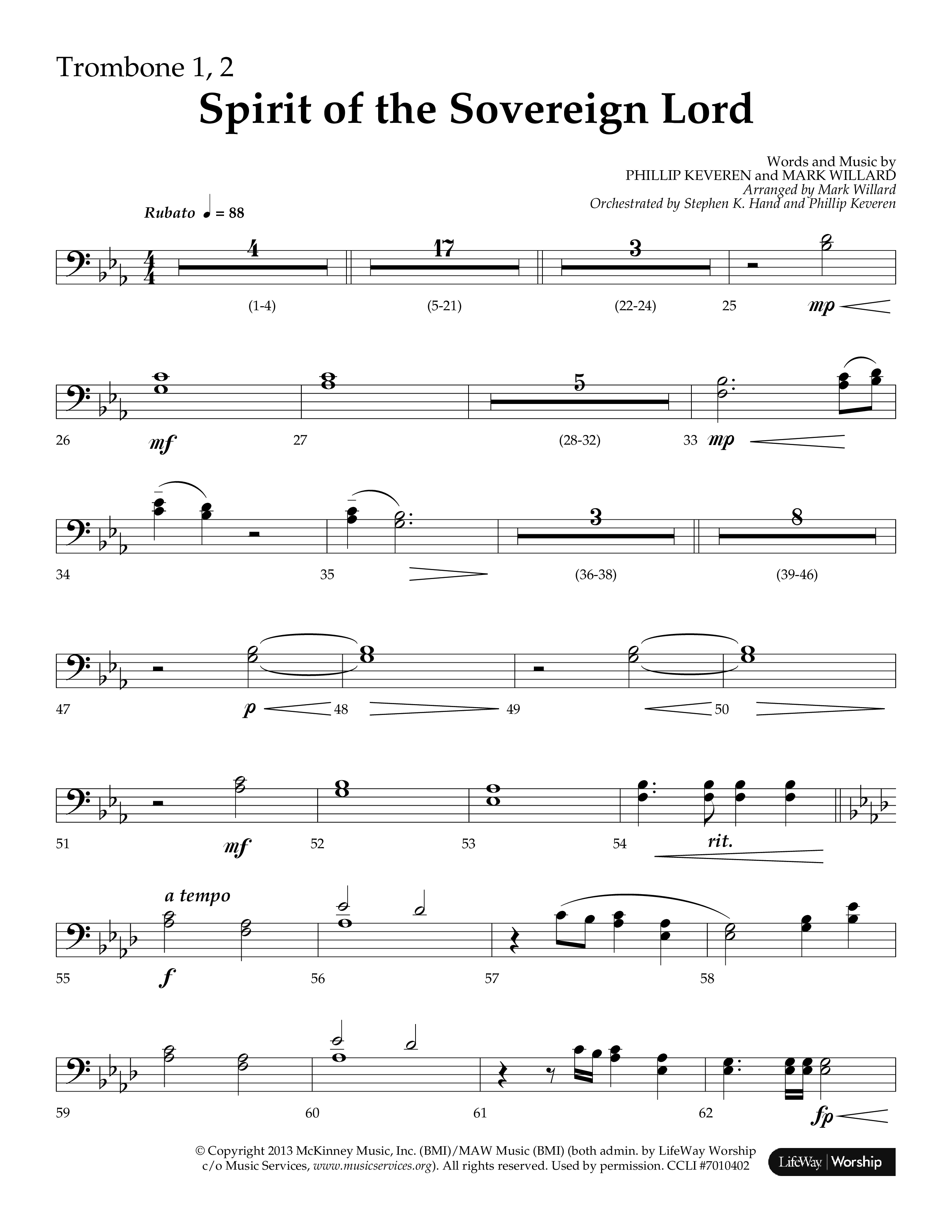 Spirit Of The Sovereign Lord (Choral Anthem SATB) Trombone 1/2 (Lifeway Choral / Arr. Mark Willard / Orch. Stephen K. Hand / Orch. Phillip Keveren)