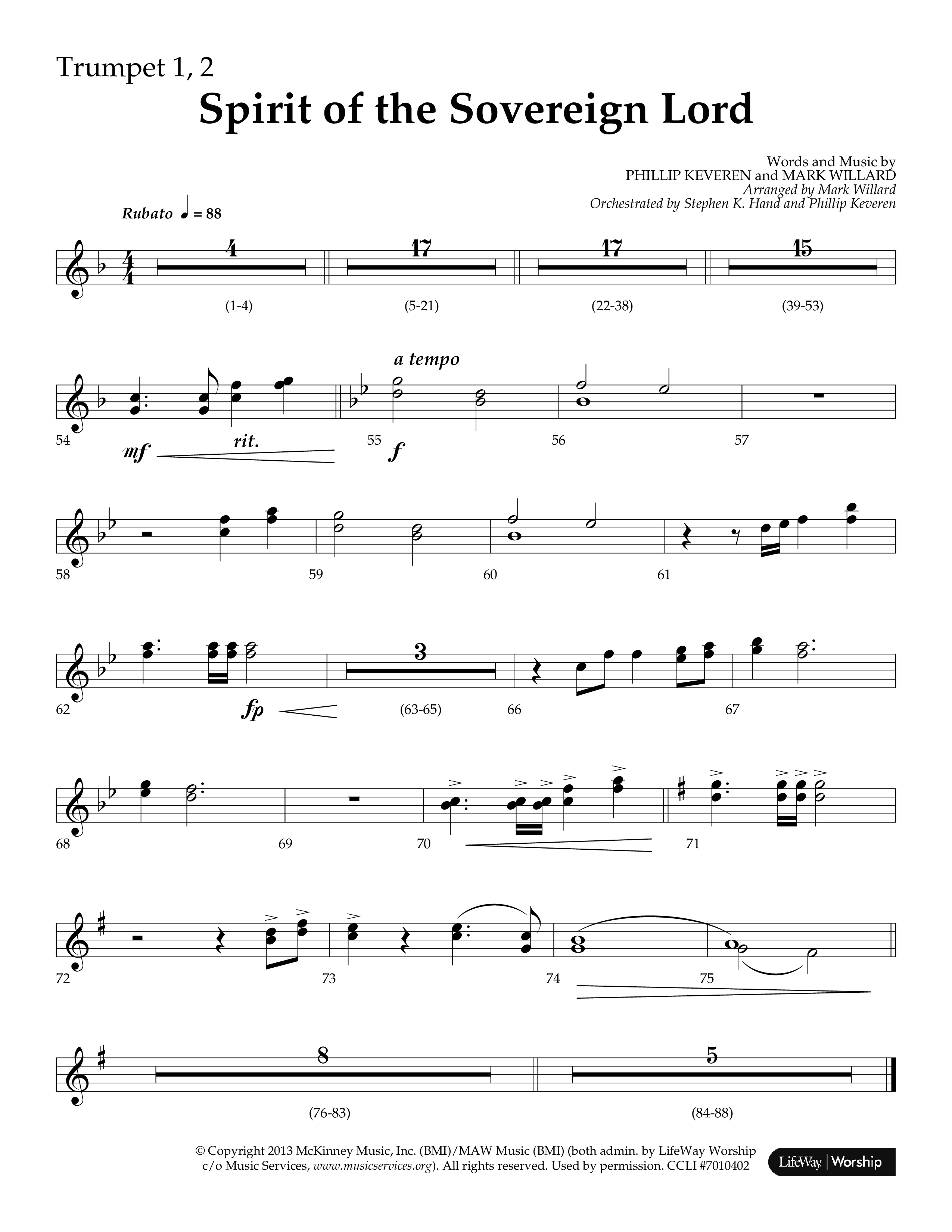 Spirit Of The Sovereign Lord (Choral Anthem SATB) Trumpet 1,2 (Lifeway Choral / Arr. Mark Willard / Orch. Stephen K. Hand / Orch. Phillip Keveren)