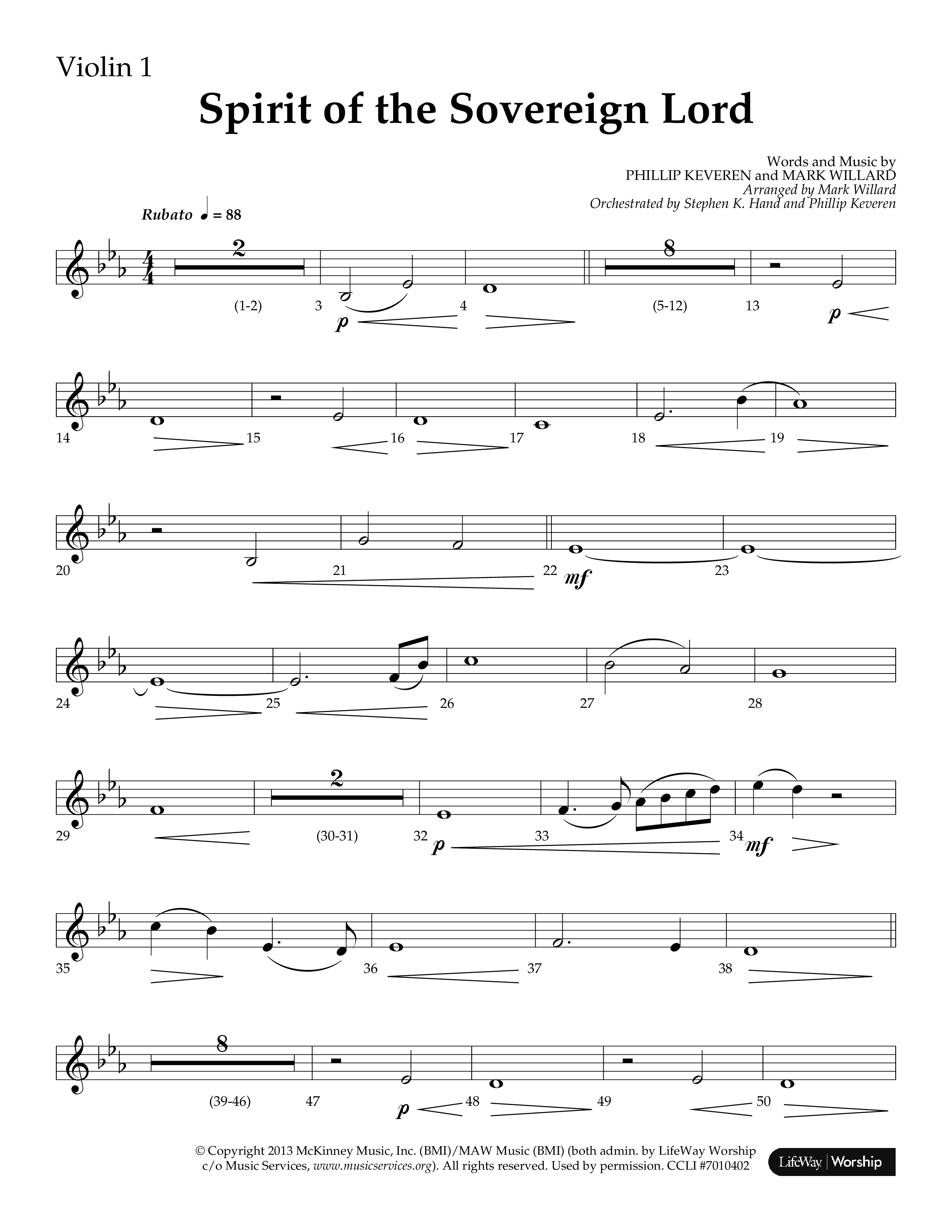 Spirit Of The Sovereign Lord (Choral Anthem SATB) Violin 1 (Lifeway Choral / Arr. Mark Willard / Orch. Stephen K. Hand / Orch. Phillip Keveren)