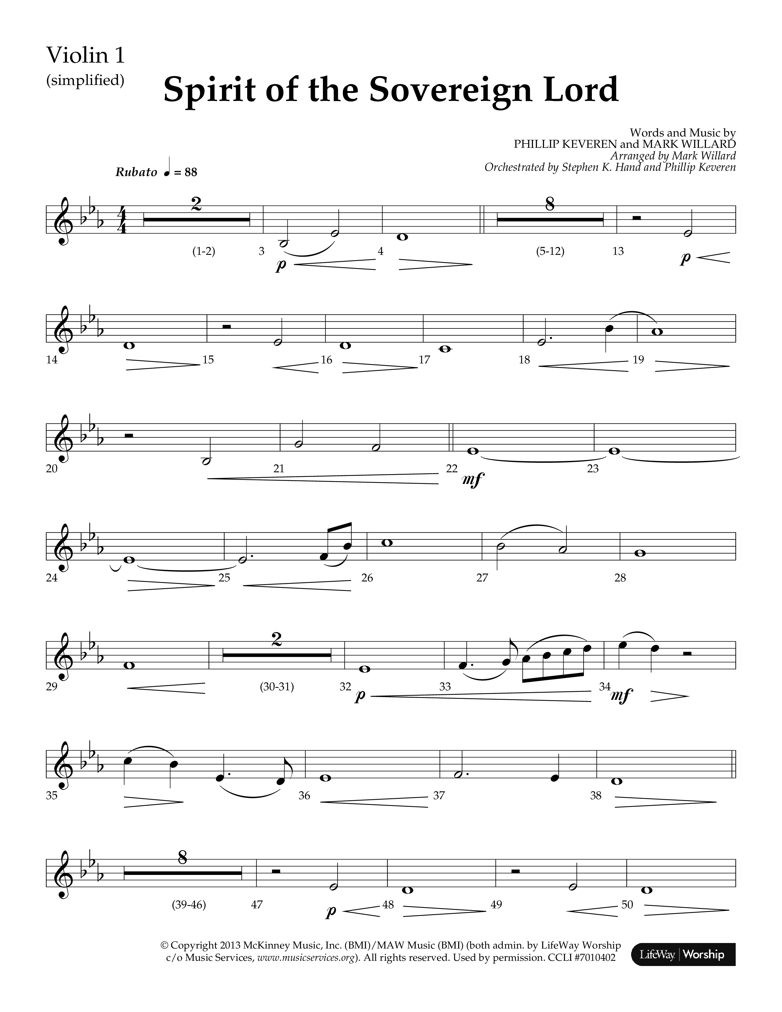 Spirit Of The Sovereign Lord (Choral Anthem SATB) Violin 1 (Lifeway Choral / Arr. Mark Willard / Orch. Stephen K. Hand / Orch. Phillip Keveren)