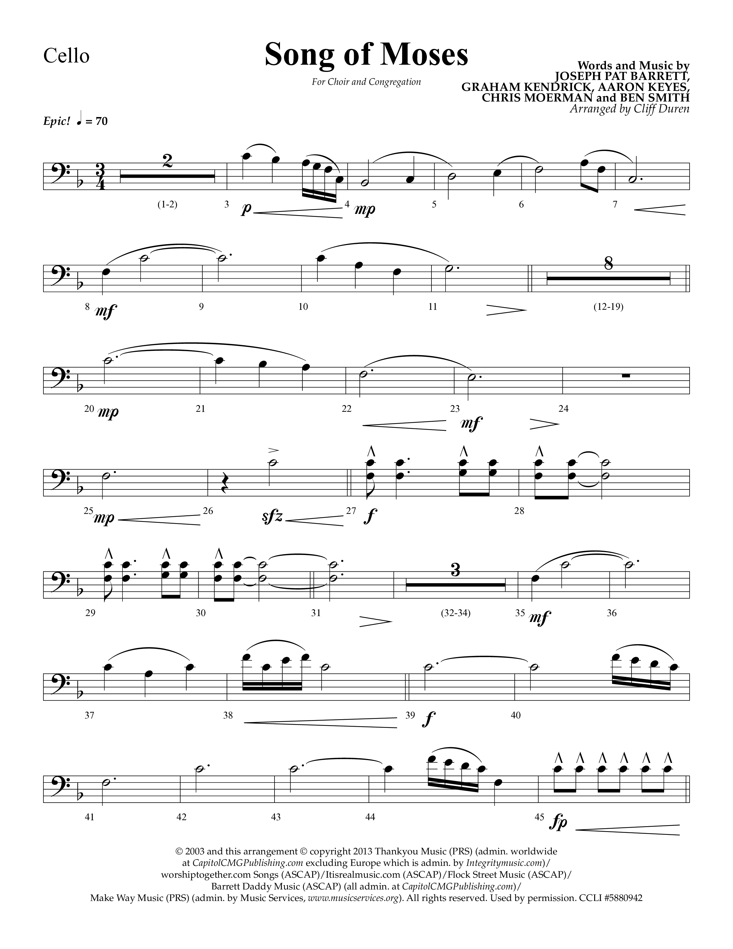 Song Of Moses (Choral Anthem SATB) Cello (Lifeway Choral / Arr. Cliff Duren)