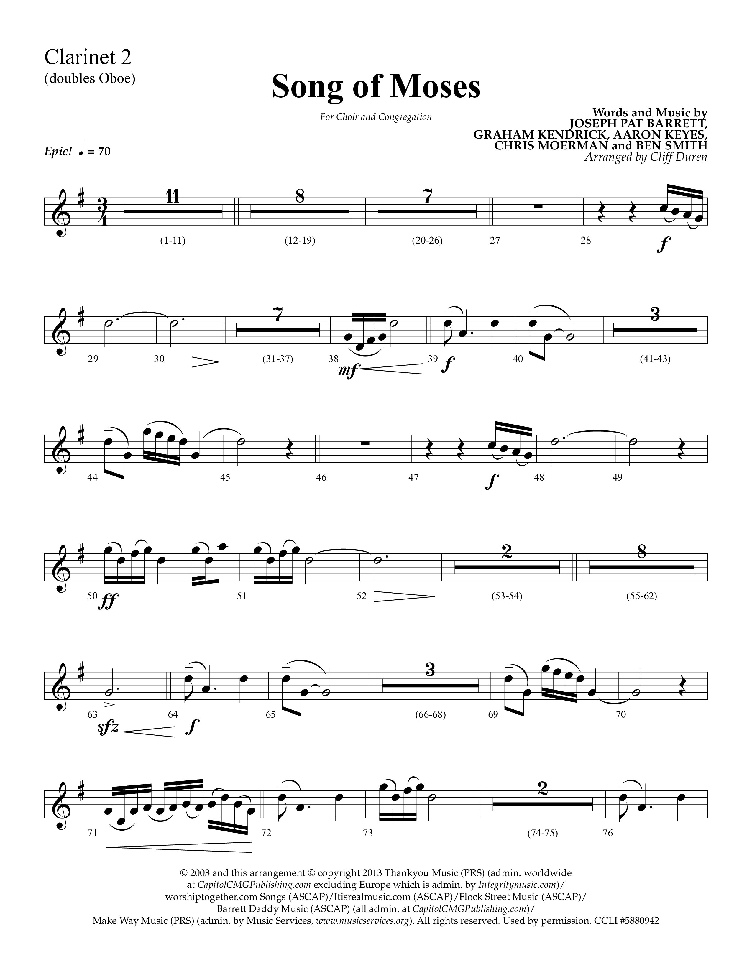 Song Of Moses (Choral Anthem SATB) Clarinet 1/2 (Lifeway Choral / Arr. Cliff Duren)