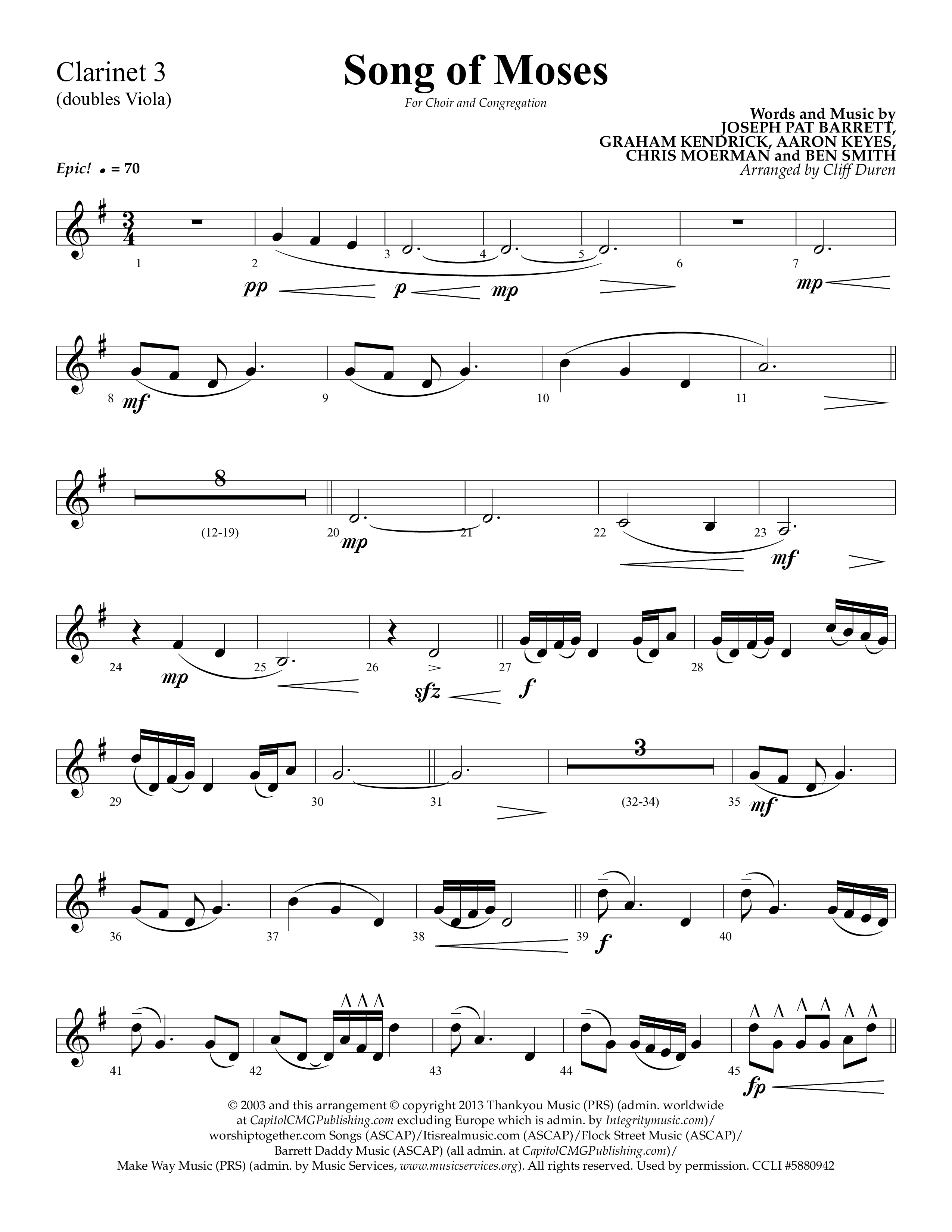 Song Of Moses (Choral Anthem SATB) Clarinet 3 (Lifeway Choral / Arr. Cliff Duren)