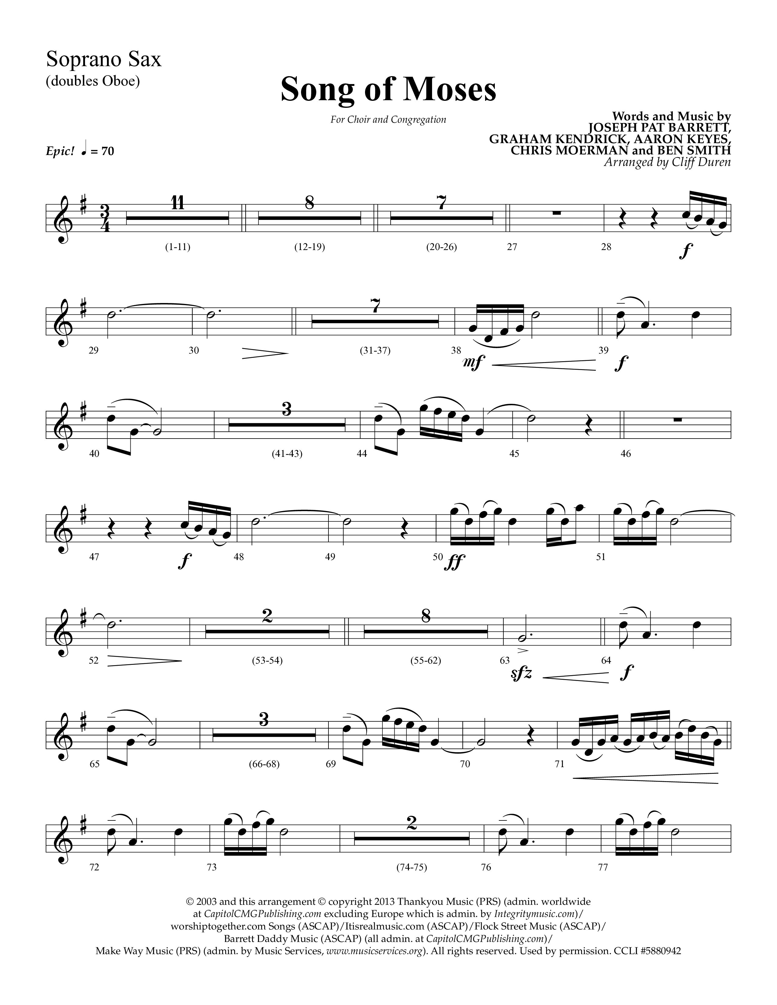 Song Of Moses (Choral Anthem SATB) Soprano Sax (Lifeway Choral / Arr. Cliff Duren)