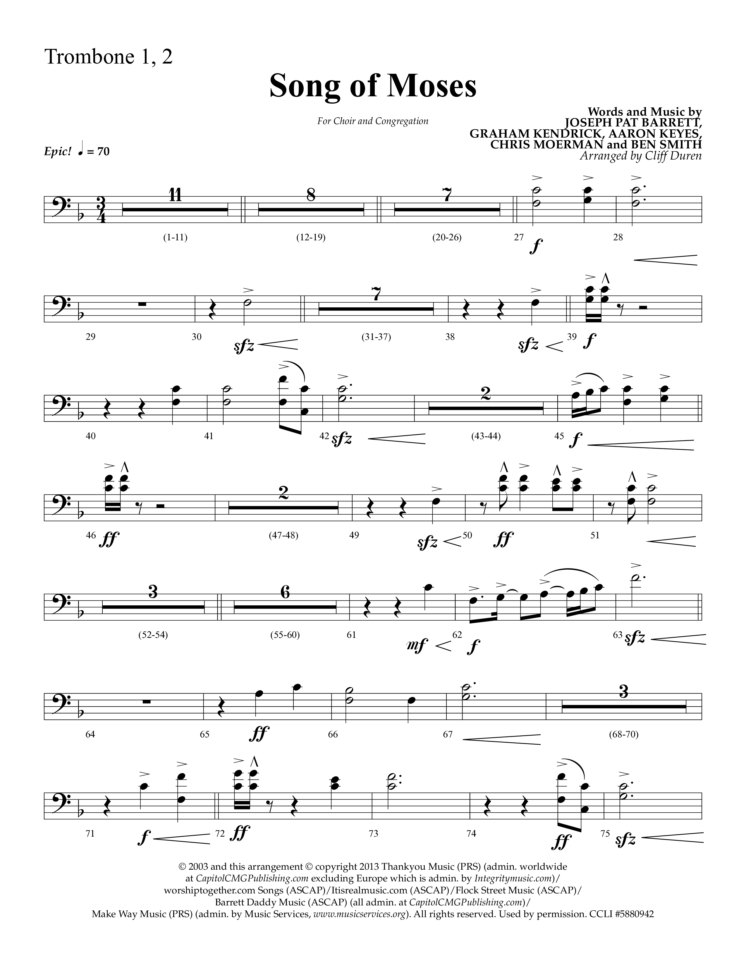 Song Of Moses (Choral Anthem SATB) Trombone 1/2 (Lifeway Choral / Arr. Cliff Duren)
