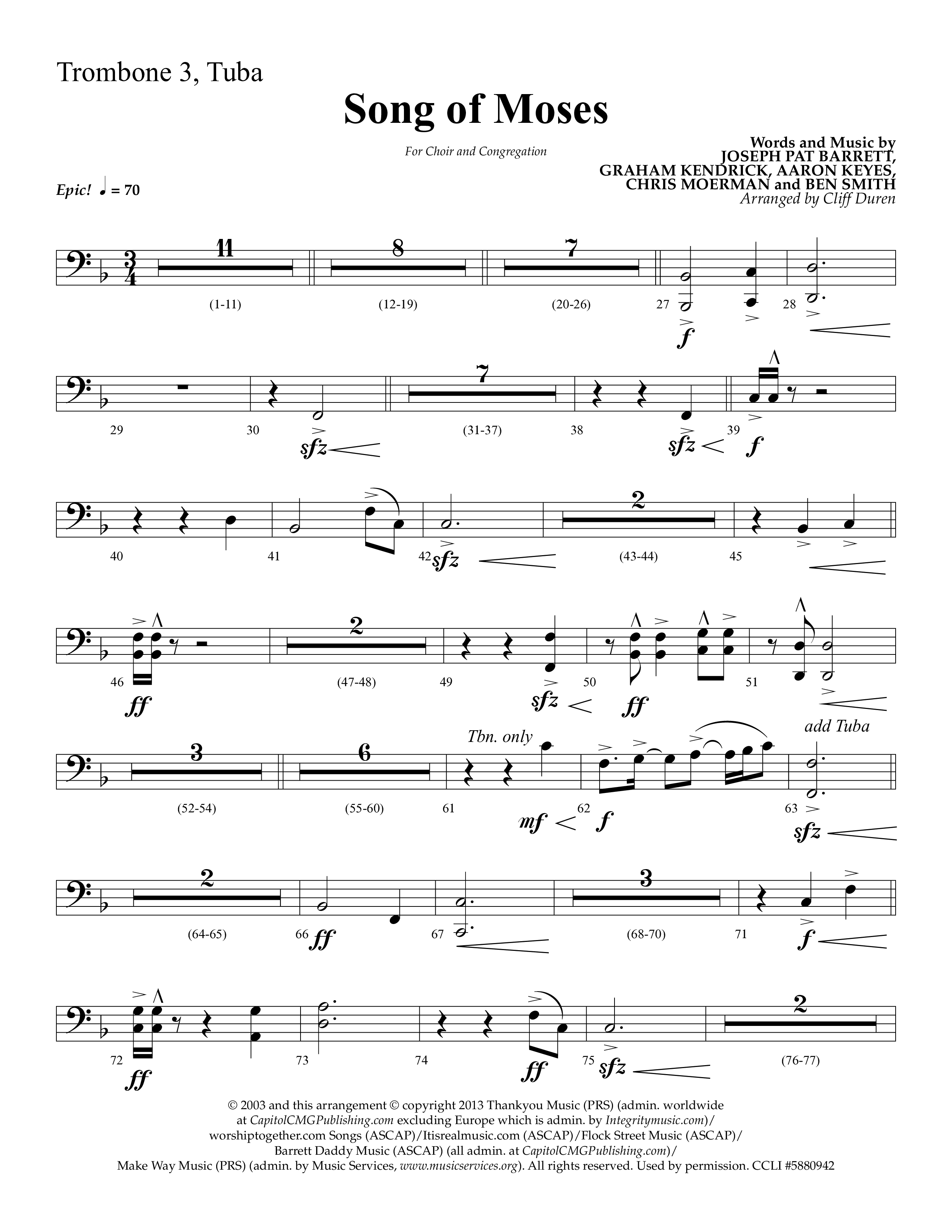 Song Of Moses (Choral Anthem SATB) Trombone 3/Tuba (Lifeway Choral / Arr. Cliff Duren)