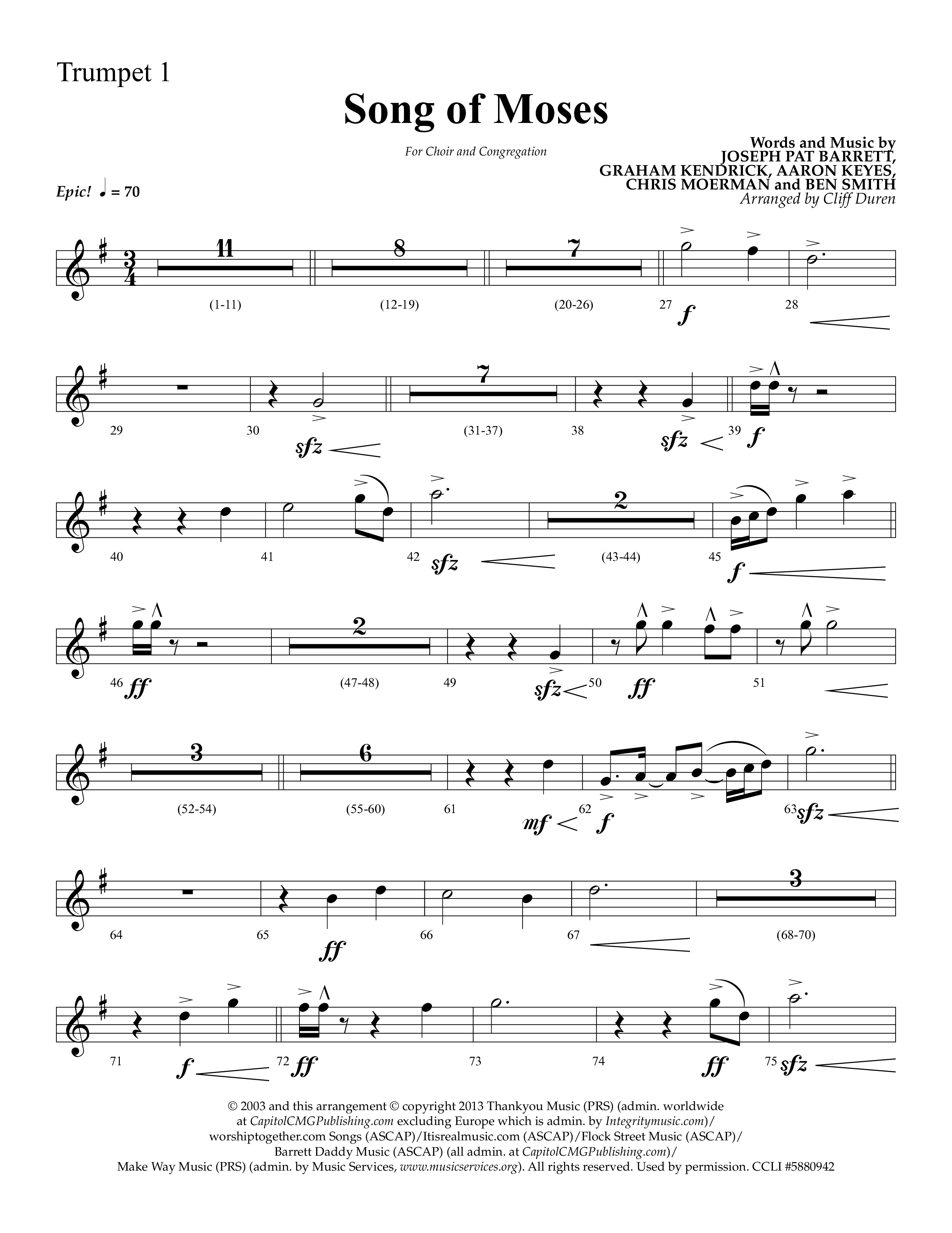 Song Of Moses (Choral Anthem SATB) Trumpet 1 (Lifeway Choral / Arr. Cliff Duren)