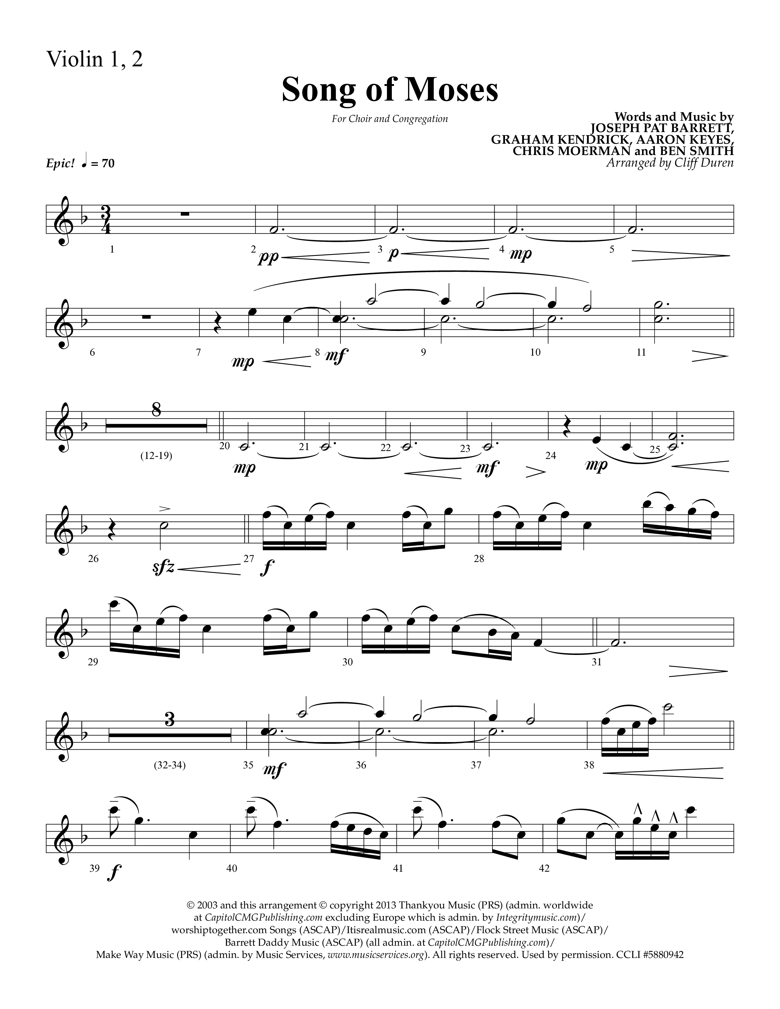 Song Of Moses (Choral Anthem SATB) Violin 1/2 (Lifeway Choral / Arr. Cliff Duren)