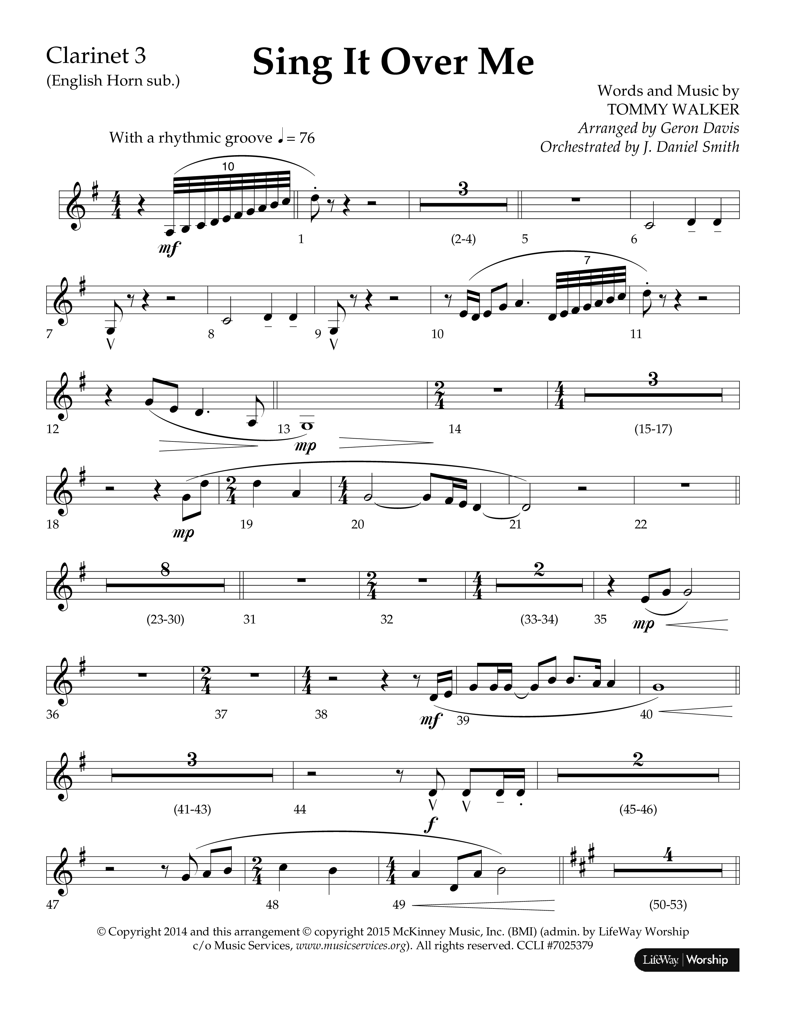 Sing It Over Me (Choral Anthem SATB) Clarinet 3 (Lifeway Choral / Arr. Geron Davis / Orch. J. Daniel Smith)