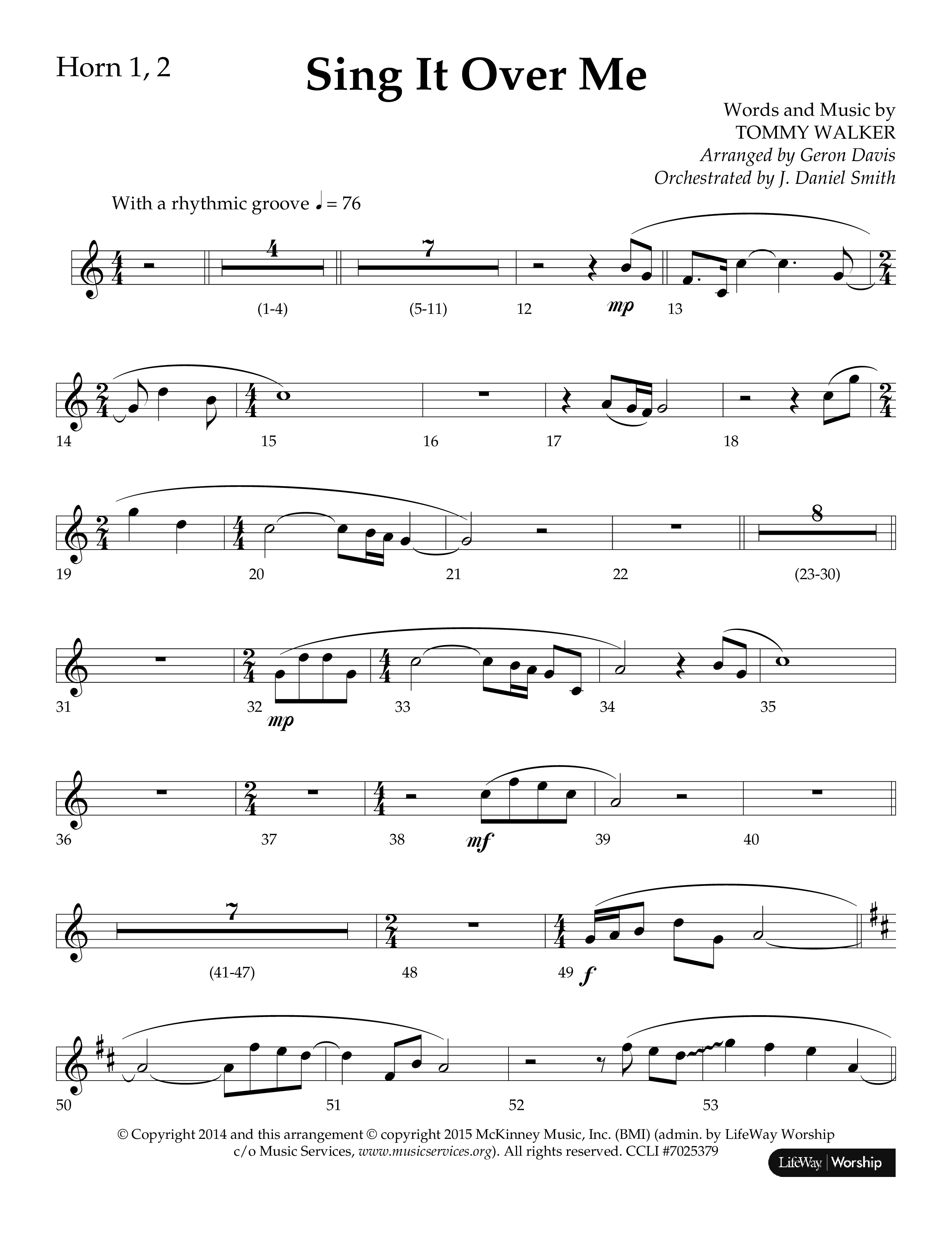 Sing It Over Me (Choral Anthem SATB) French Horn 1/2 (Lifeway Choral / Arr. Geron Davis / Orch. J. Daniel Smith)