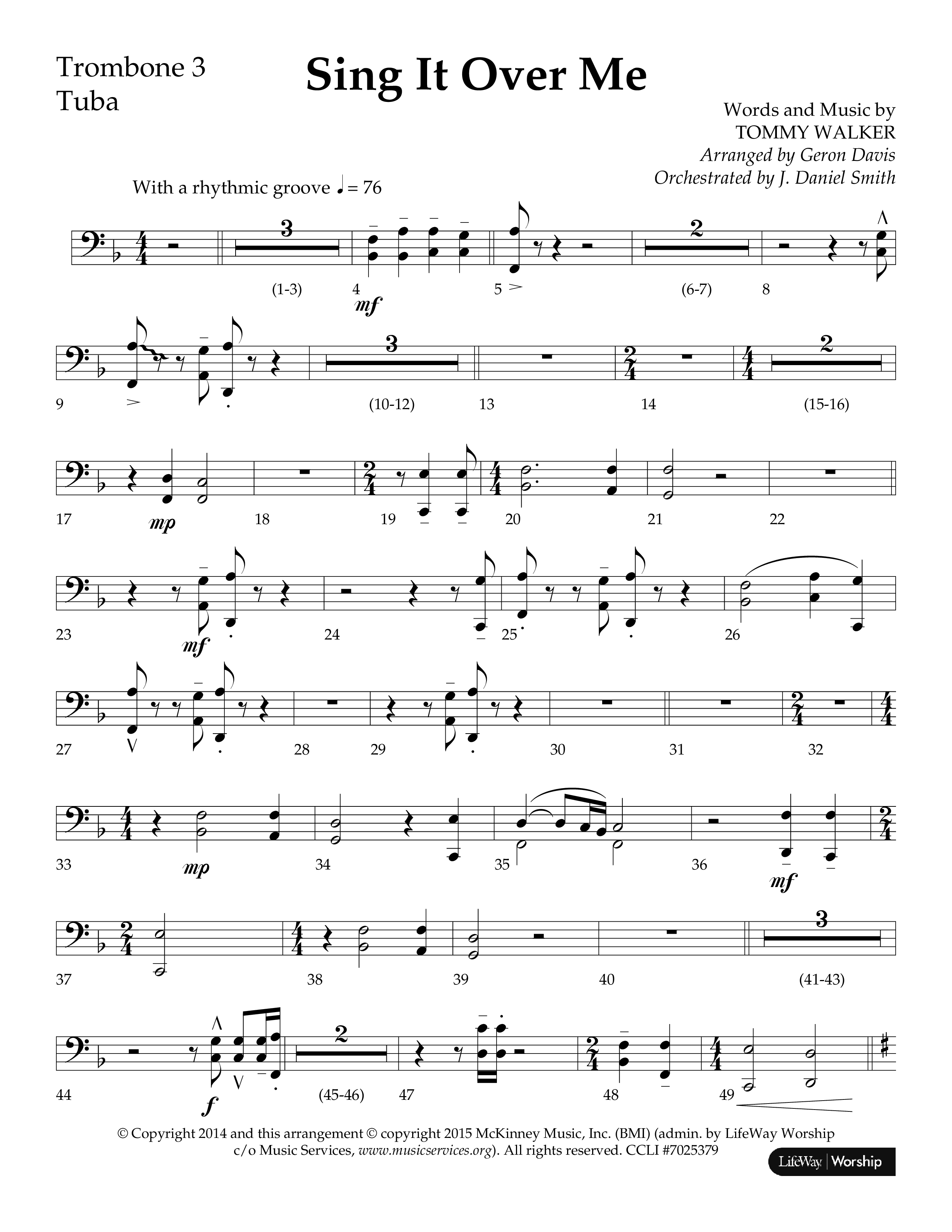 Sing It Over Me (Choral Anthem SATB) Trombone 3/Tuba (Lifeway Choral / Arr. Geron Davis / Orch. J. Daniel Smith)