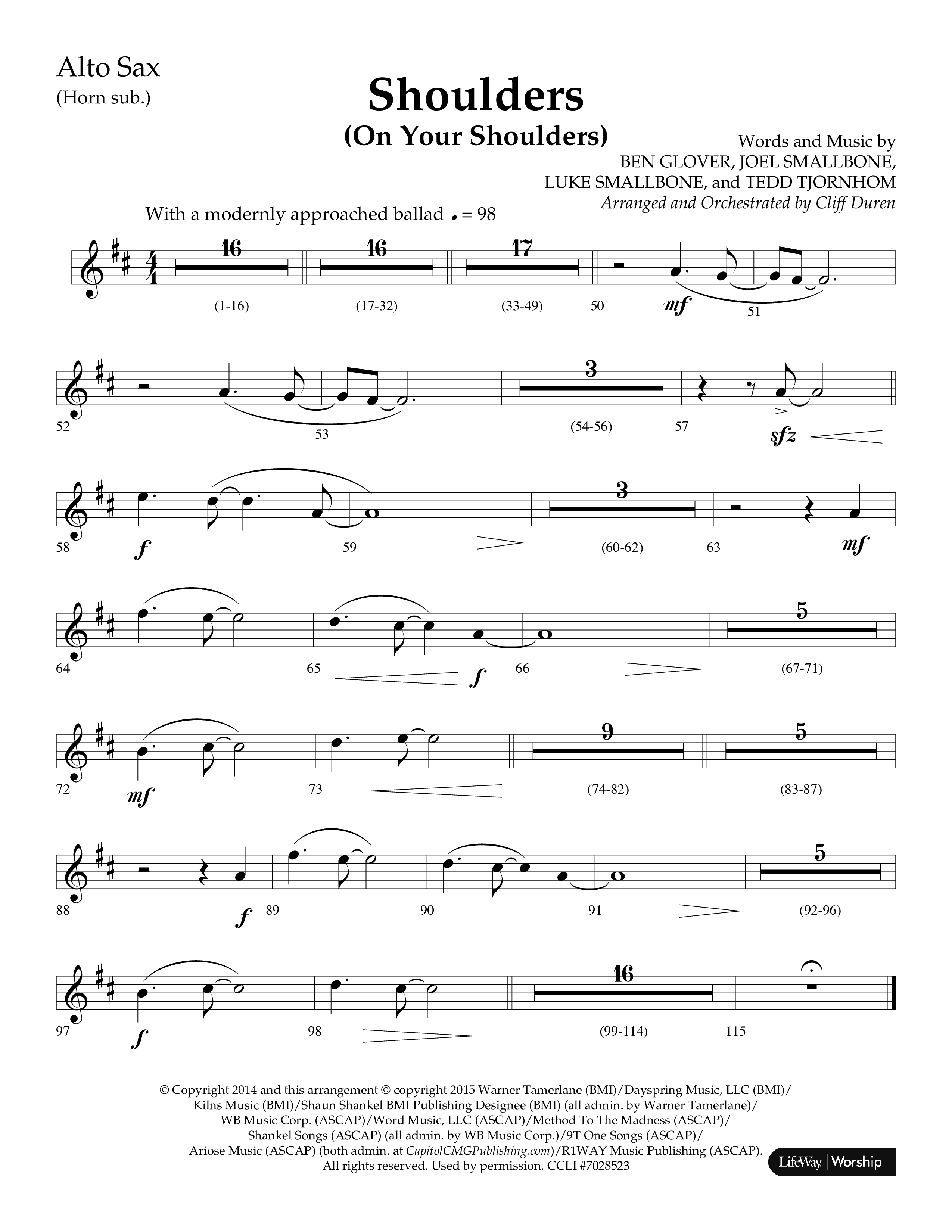 Shoulders (Choral Anthem SATB) Alto Sax (Lifeway Choral / Arr. Cliff Duren)
