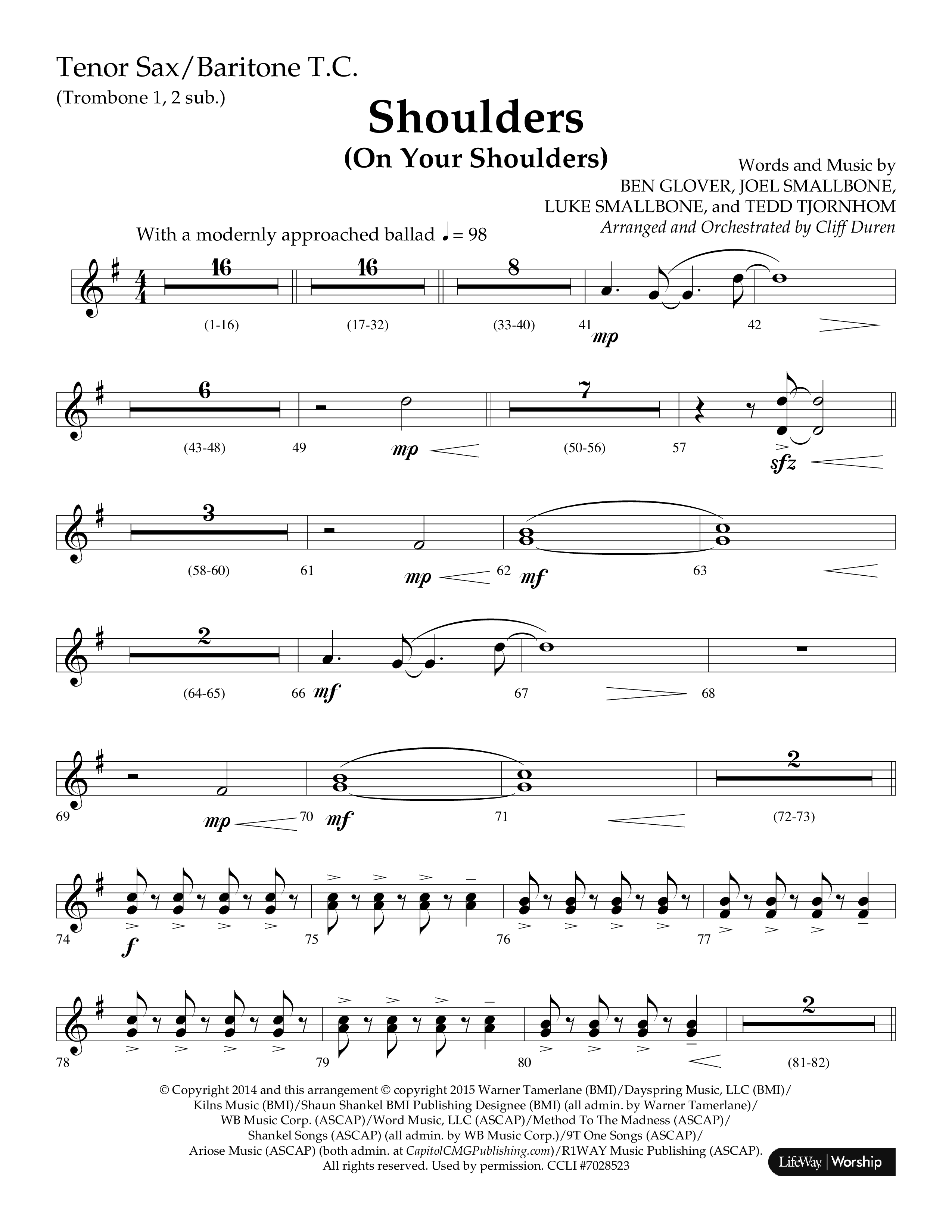 Shoulders (Choral Anthem SATB) Tenor Sax/Baritone T.C. (Lifeway Choral / Arr. Cliff Duren)
