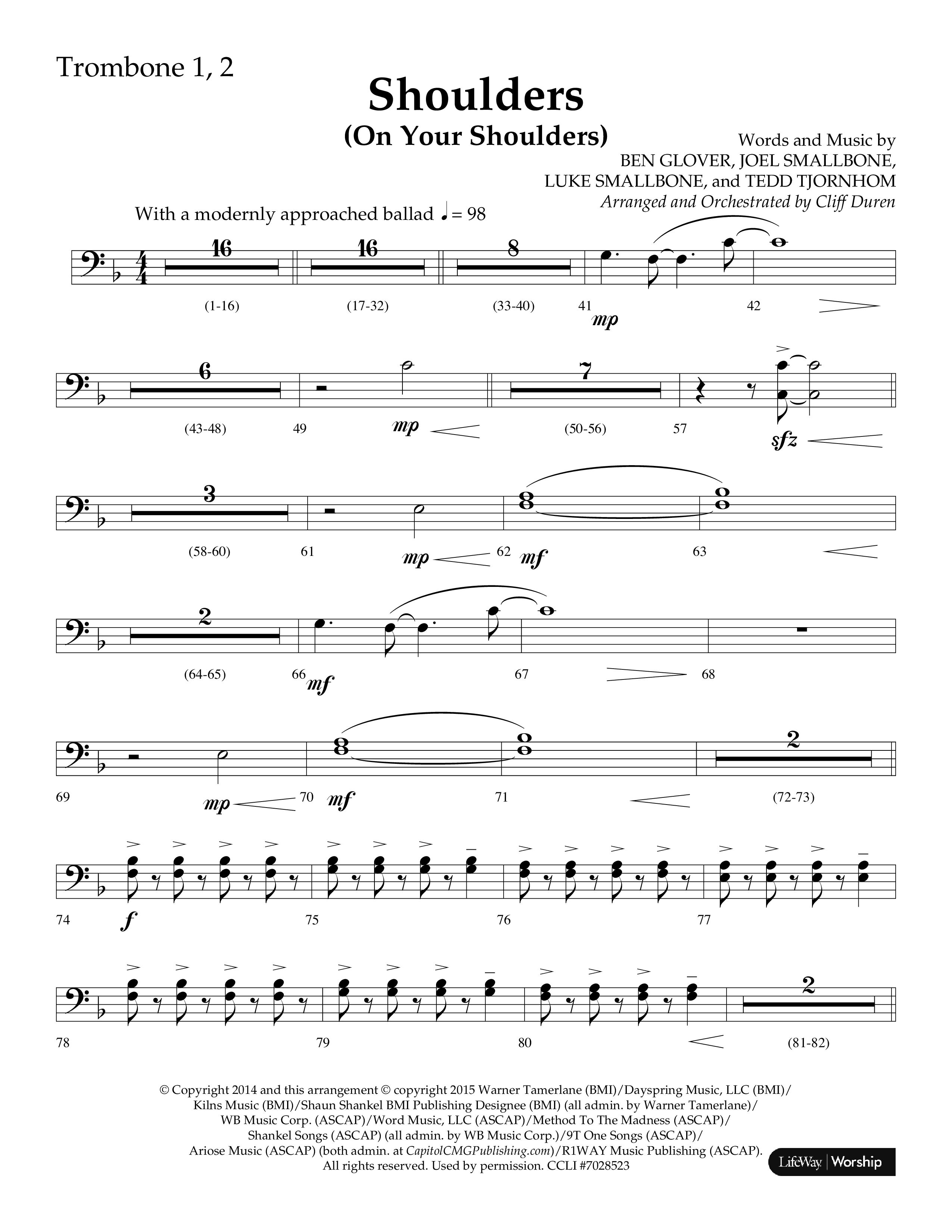Shoulders (Choral Anthem SATB) Trombone 1/2 (Lifeway Choral / Arr. Cliff Duren)