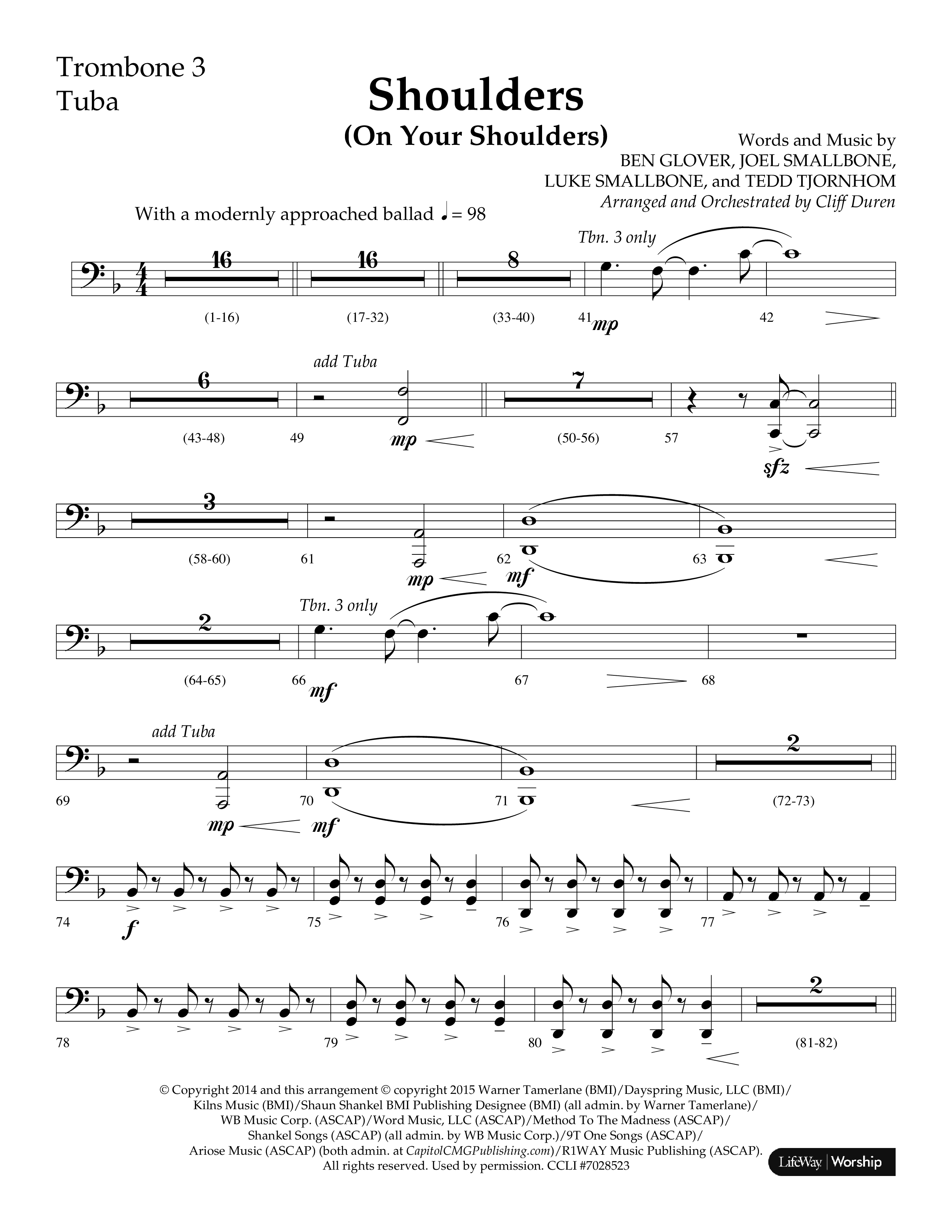Shoulders (Choral Anthem SATB) Trombone 3/Tuba (Lifeway Choral / Arr. Cliff Duren)