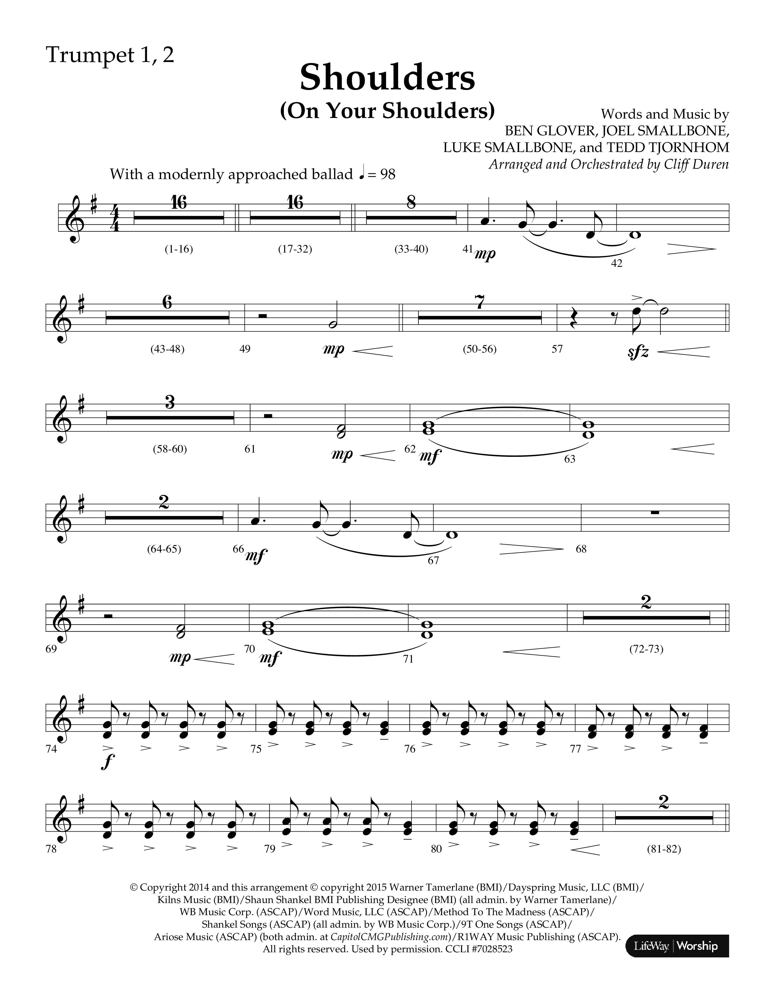 Shoulders (Choral Anthem SATB) Trumpet 1,2 (Lifeway Choral / Arr. Cliff Duren)