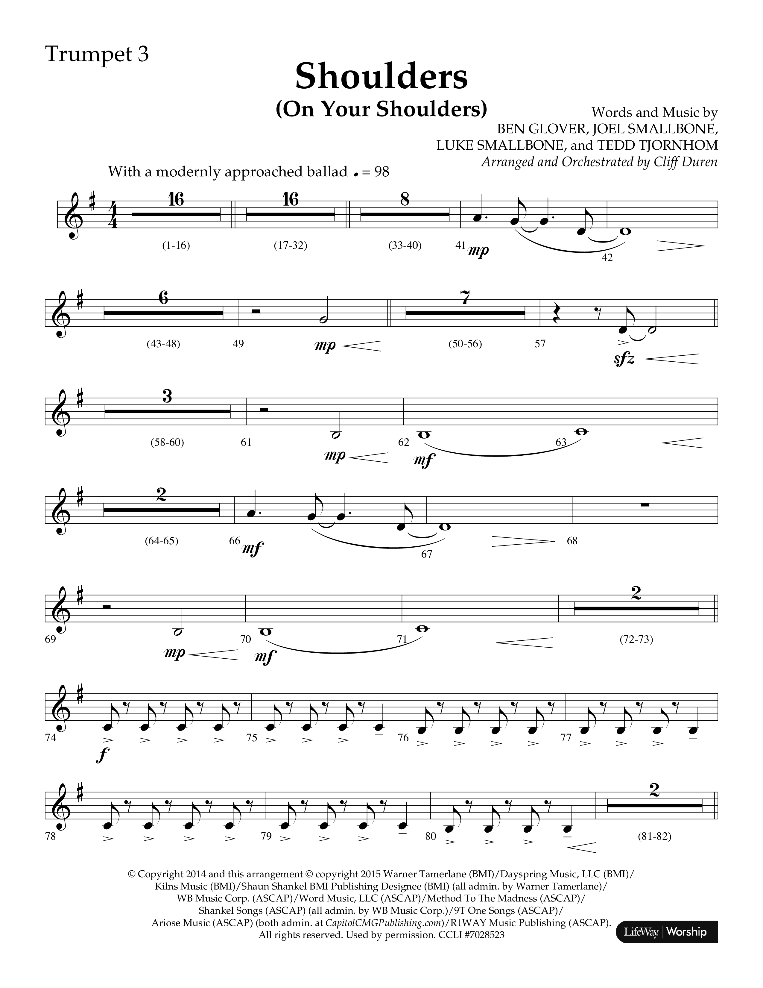 Shoulders (Choral Anthem SATB) Trumpet 3 (Lifeway Choral / Arr. Cliff Duren)