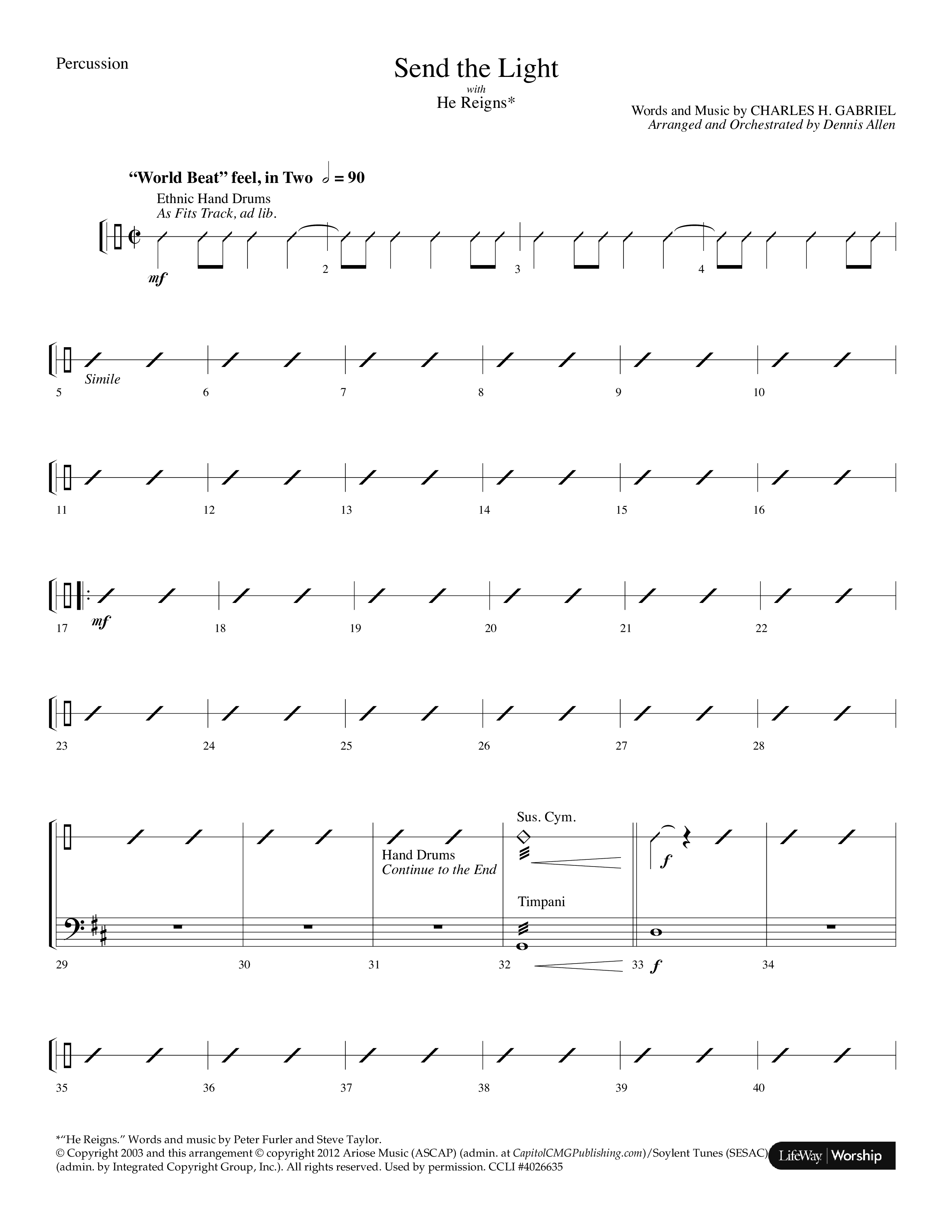 Send The Light (with He Reigns) (Choral Anthem SATB) Percussion (Lifeway Choral / Arr. Dennis Allen)