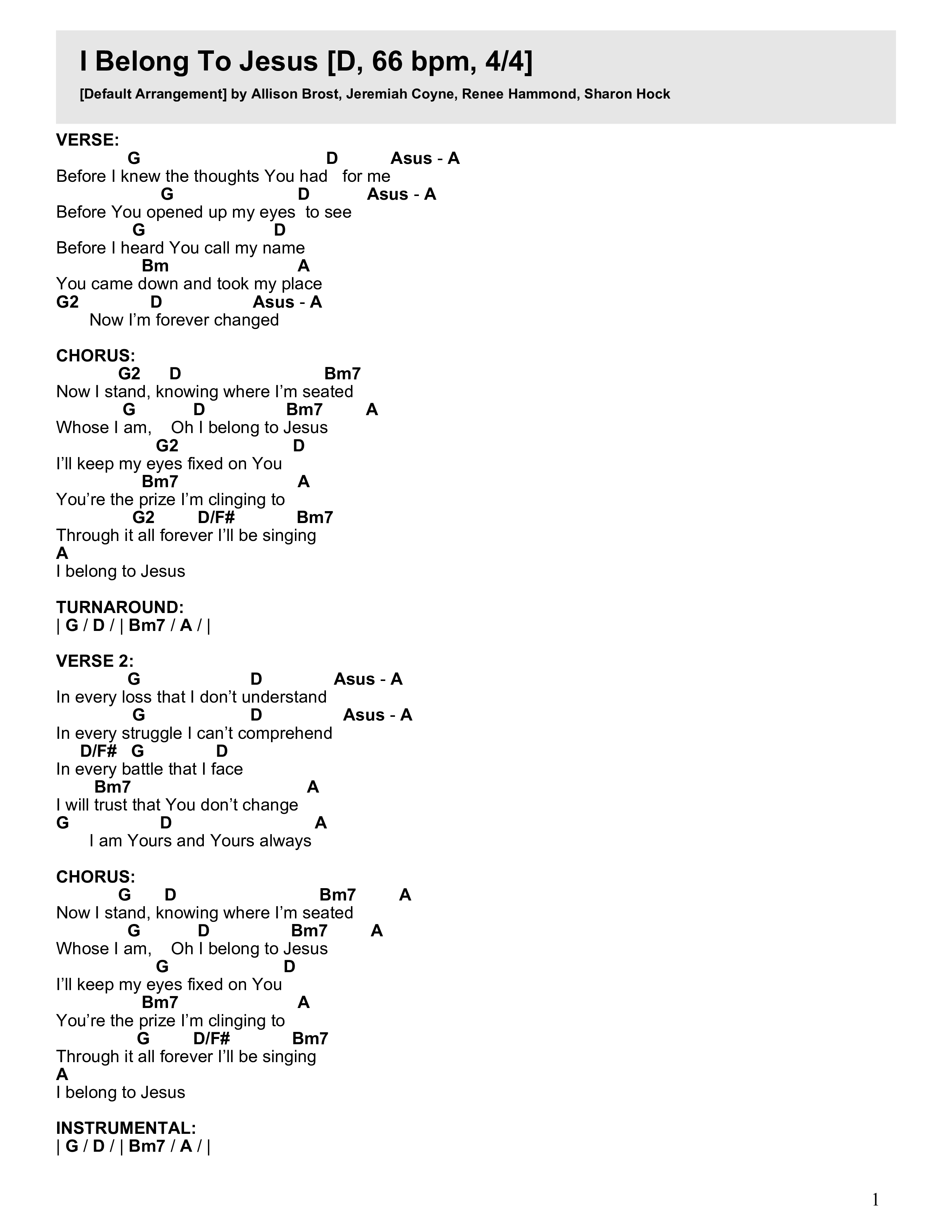 I Belong To Jesus (Live) Chord Chart (Writing Worship Community / Judd Alsup / Emily Weeks)
