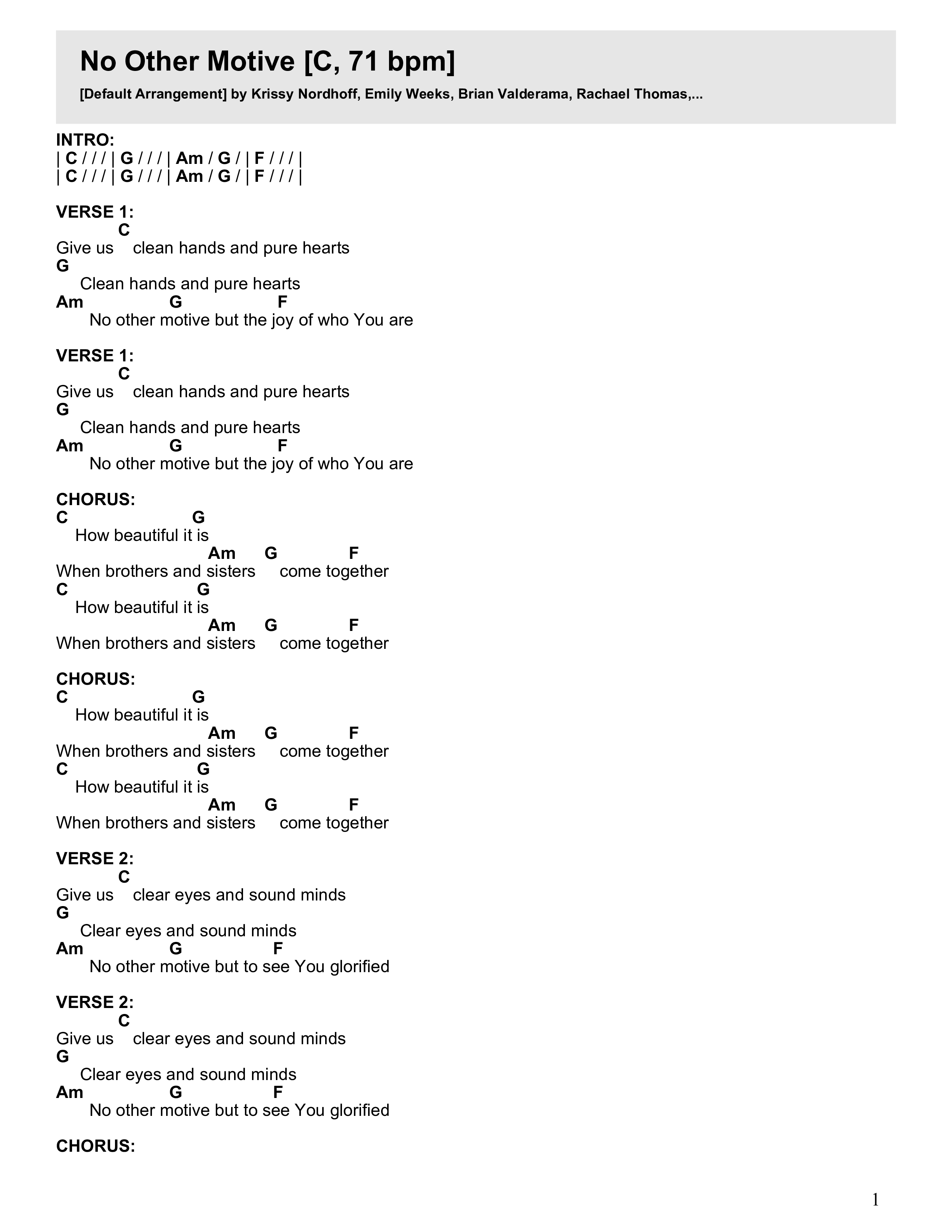 No Other Motive (Live) Chord Chart (Writing Worship Community / Brave Worship / Bria Jean)