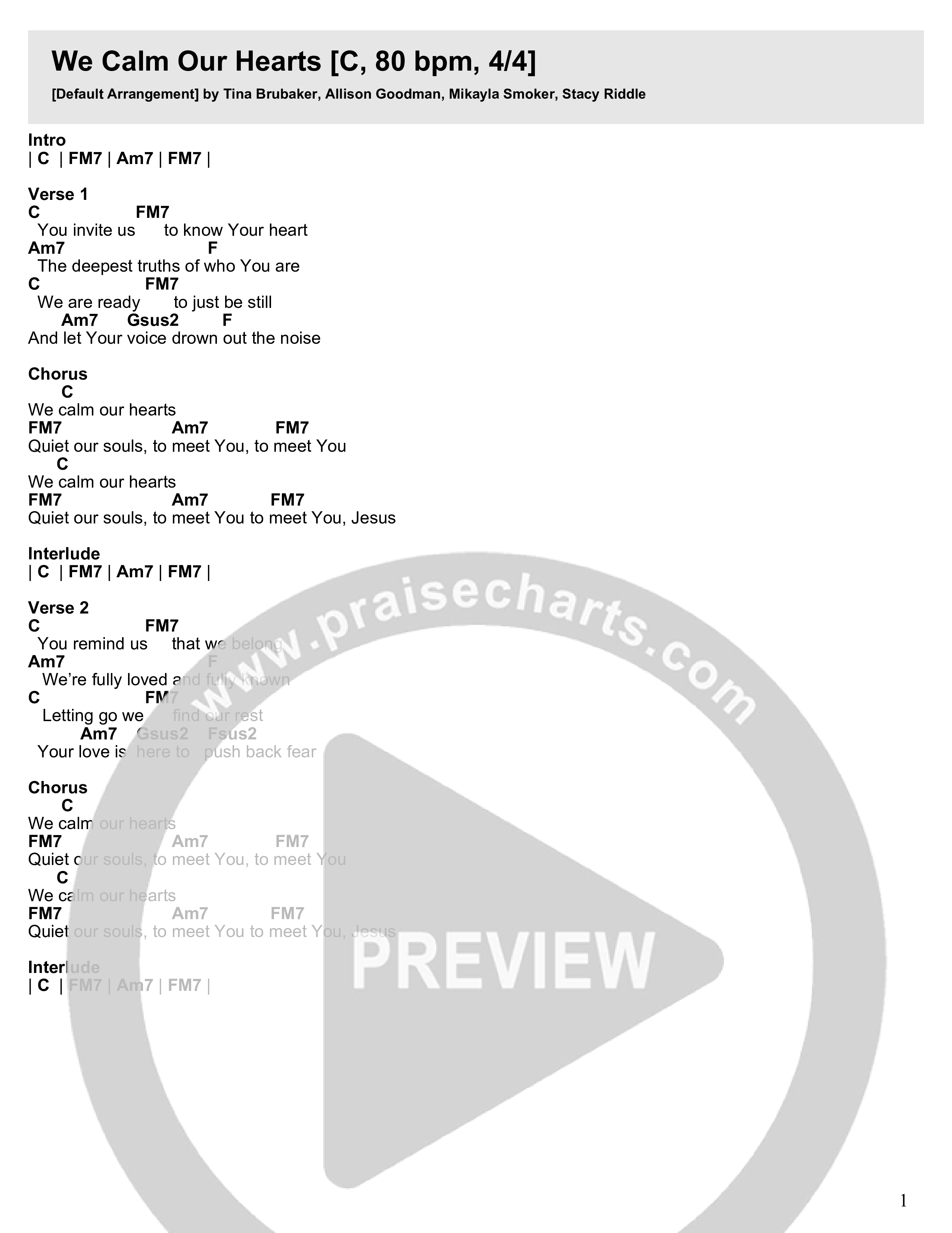 We Calm Our Hearts (Live) Chord Chart (Writing Worship Community / Rachael Thomas / Stacy Riddle)