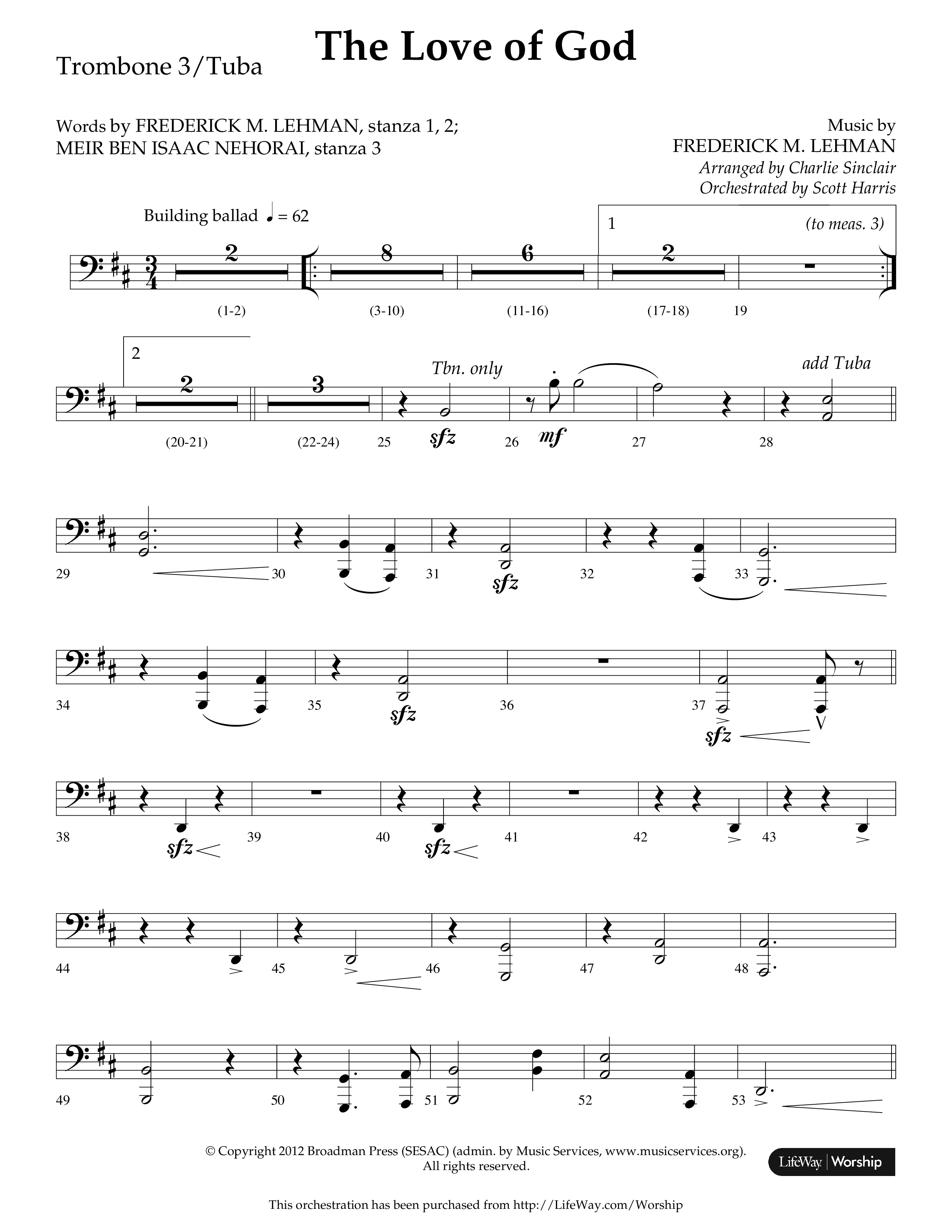 The Love of God (Choral Anthem SATB) Trombone 3/Tuba (Arr. Charlie Sinclair / Orch. Scott Harris / Lifeway Choral)