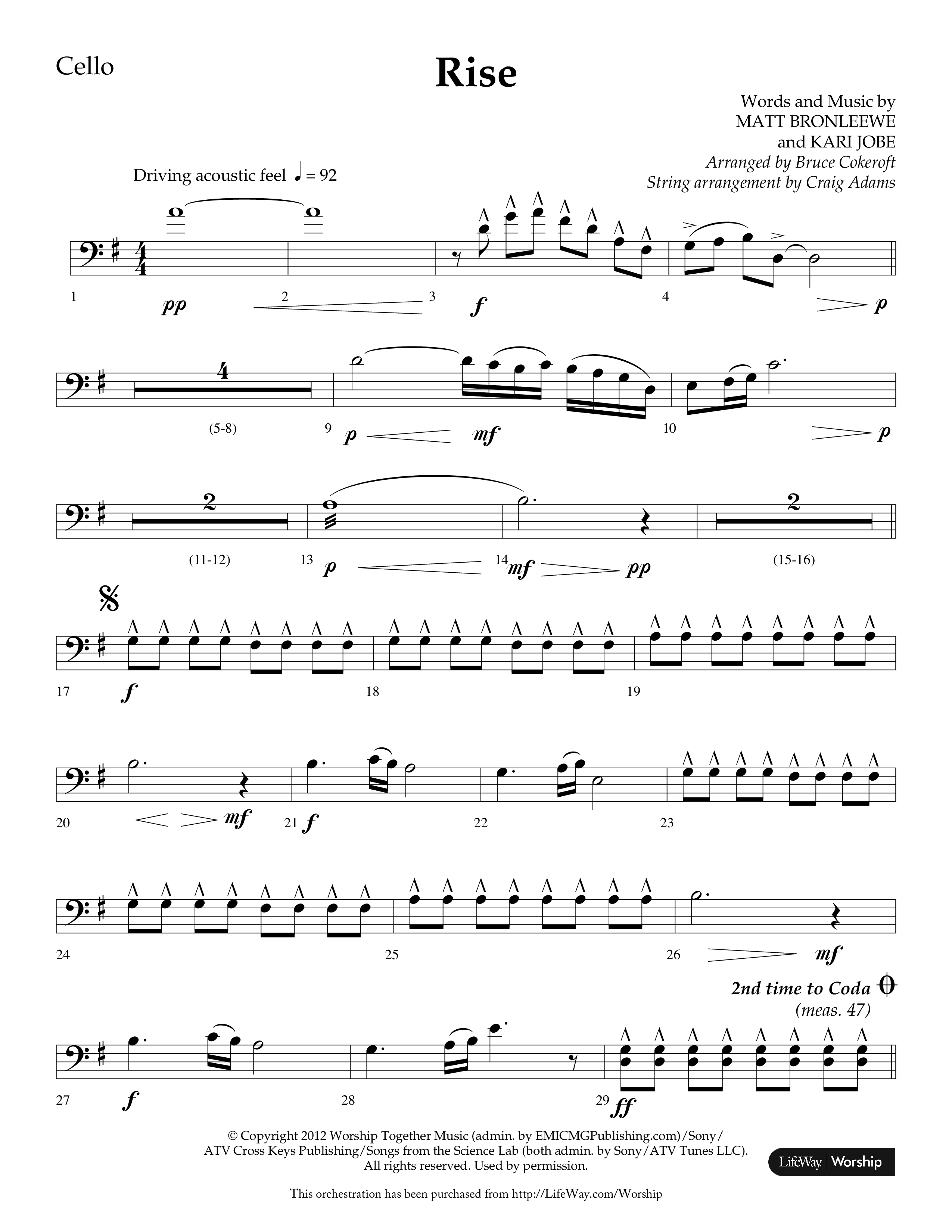 Rise (Choral Anthem SATB) Cello (Lifeway Choral / Arr. Bruce Cokeroft / Orch. Craig Adams)
