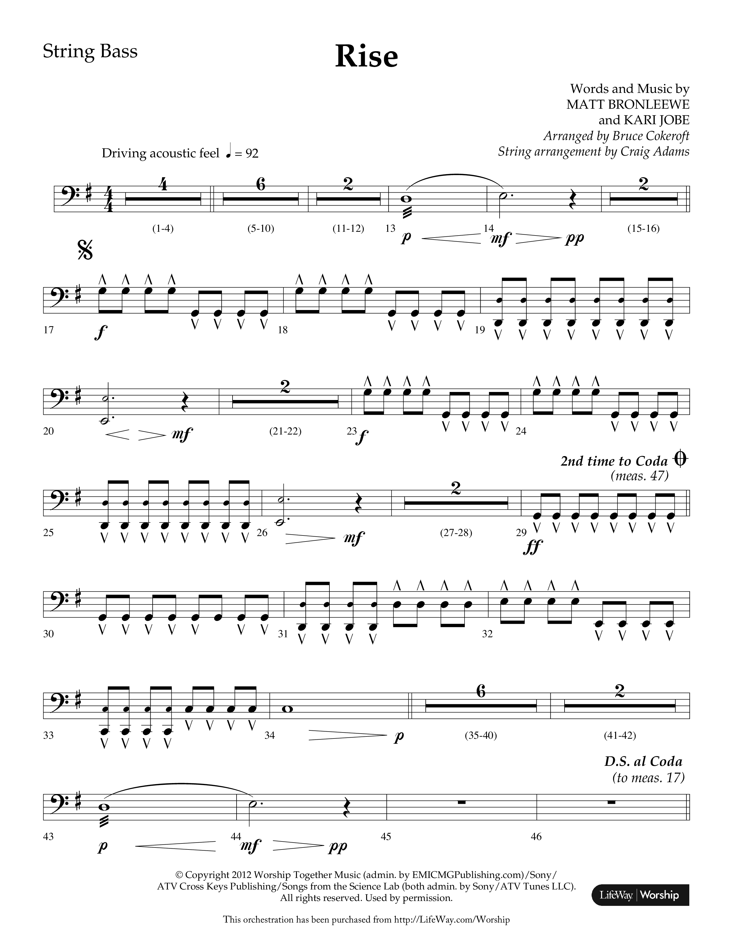 Rise (Choral Anthem SATB) String Bass (Lifeway Choral / Arr. Bruce Cokeroft / Orch. Craig Adams)