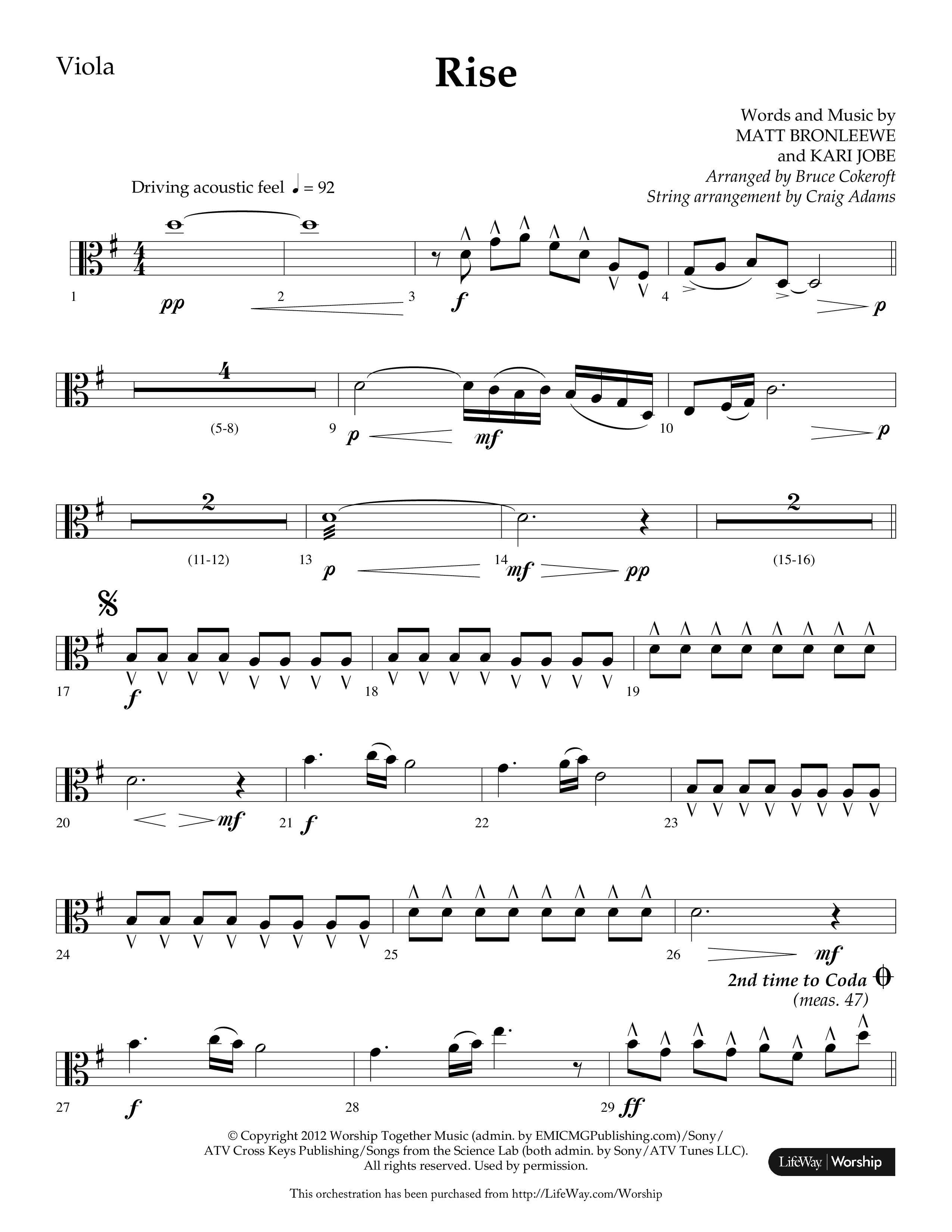 Rise (Choral Anthem SATB) Viola (Lifeway Choral / Arr. Bruce Cokeroft / Orch. Craig Adams)